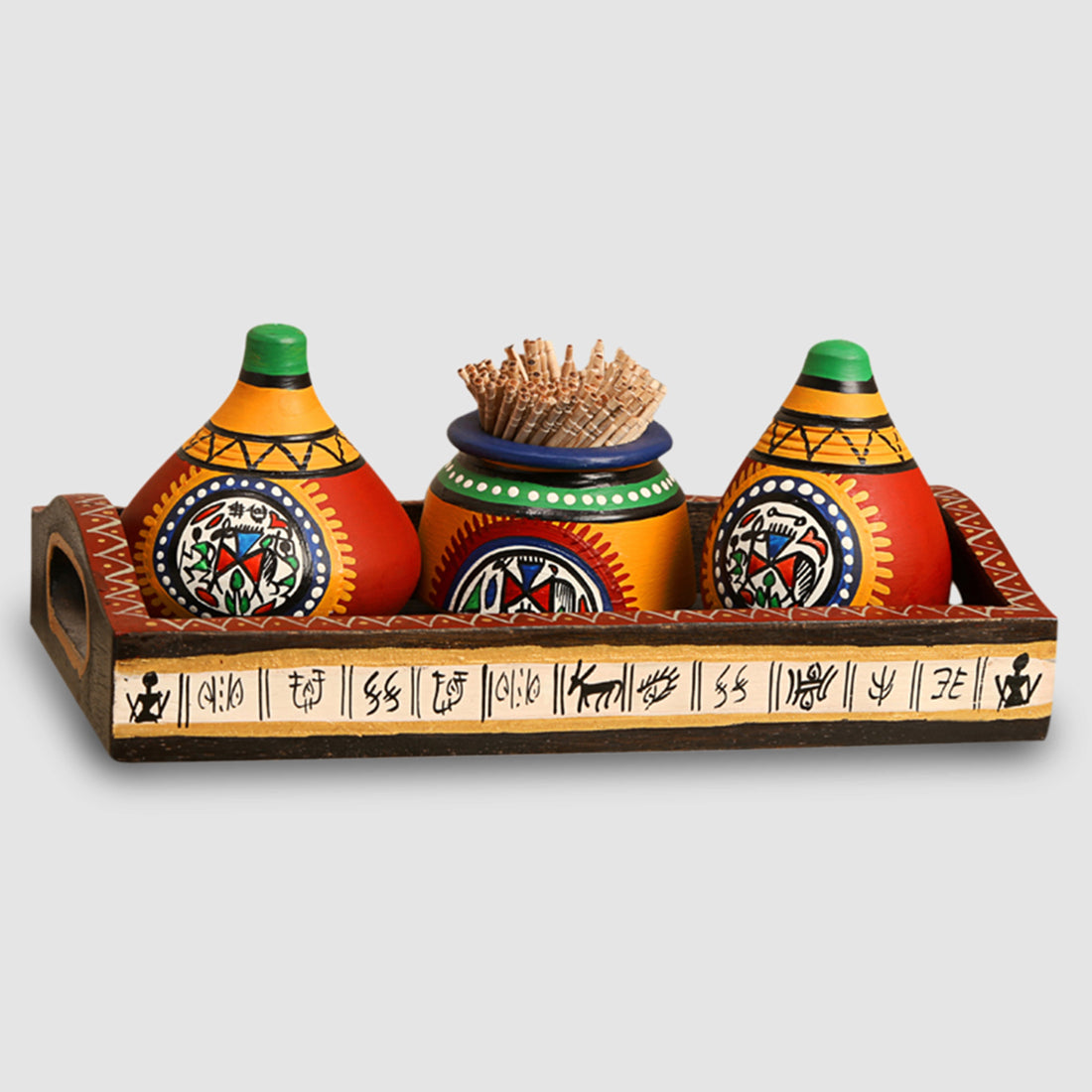 EXCLUSIVELANE 'Matkis On The Table' Terracotta Warli Salt & Pepper Shaker With Toothpick Holder & Wooden Tray - view 2