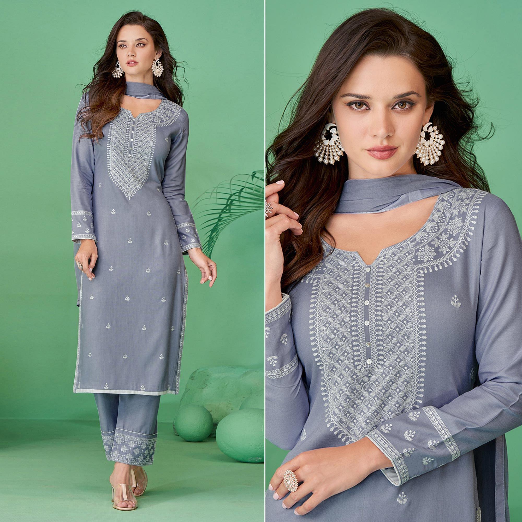 Peachmode Light Purple Lucknowi Embroidered Rayon Kurti Pant Set With Dupatta