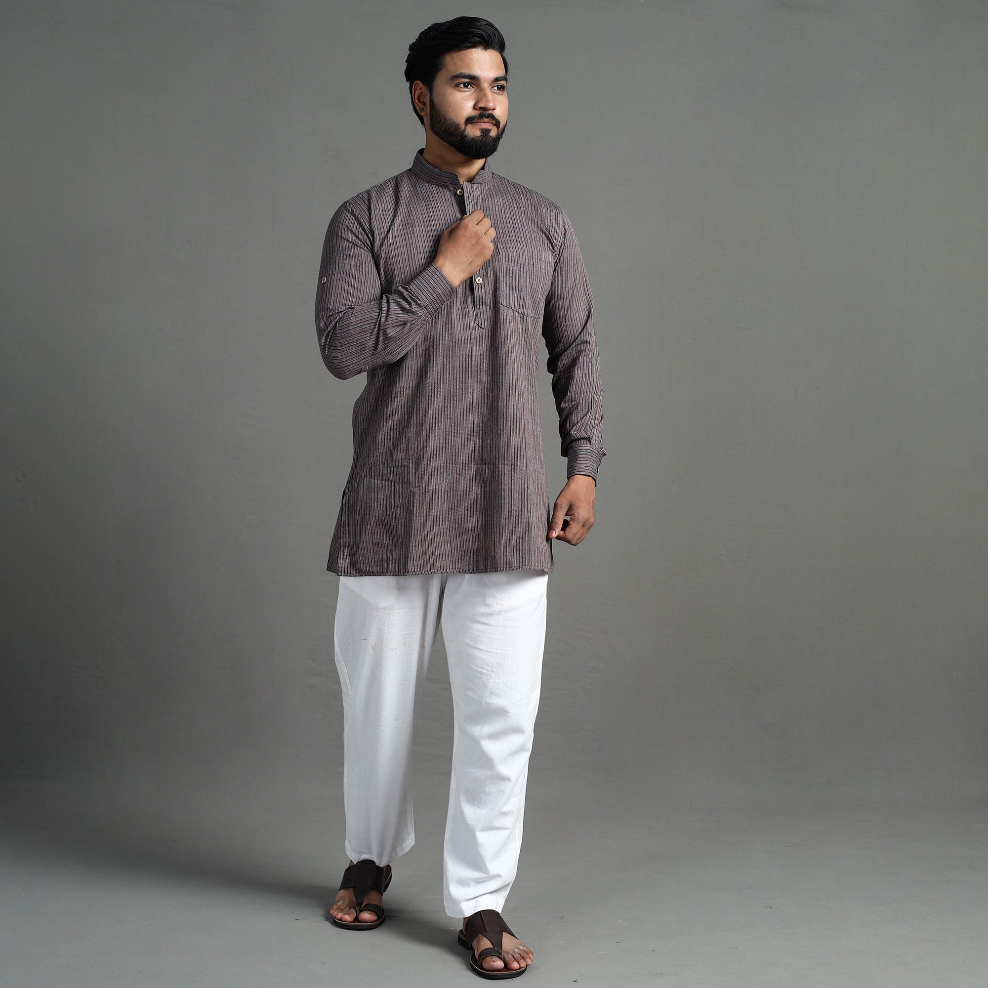 ITOKRI CASUALS Brown - Handloom Cotton Stripe Men Short Kurta