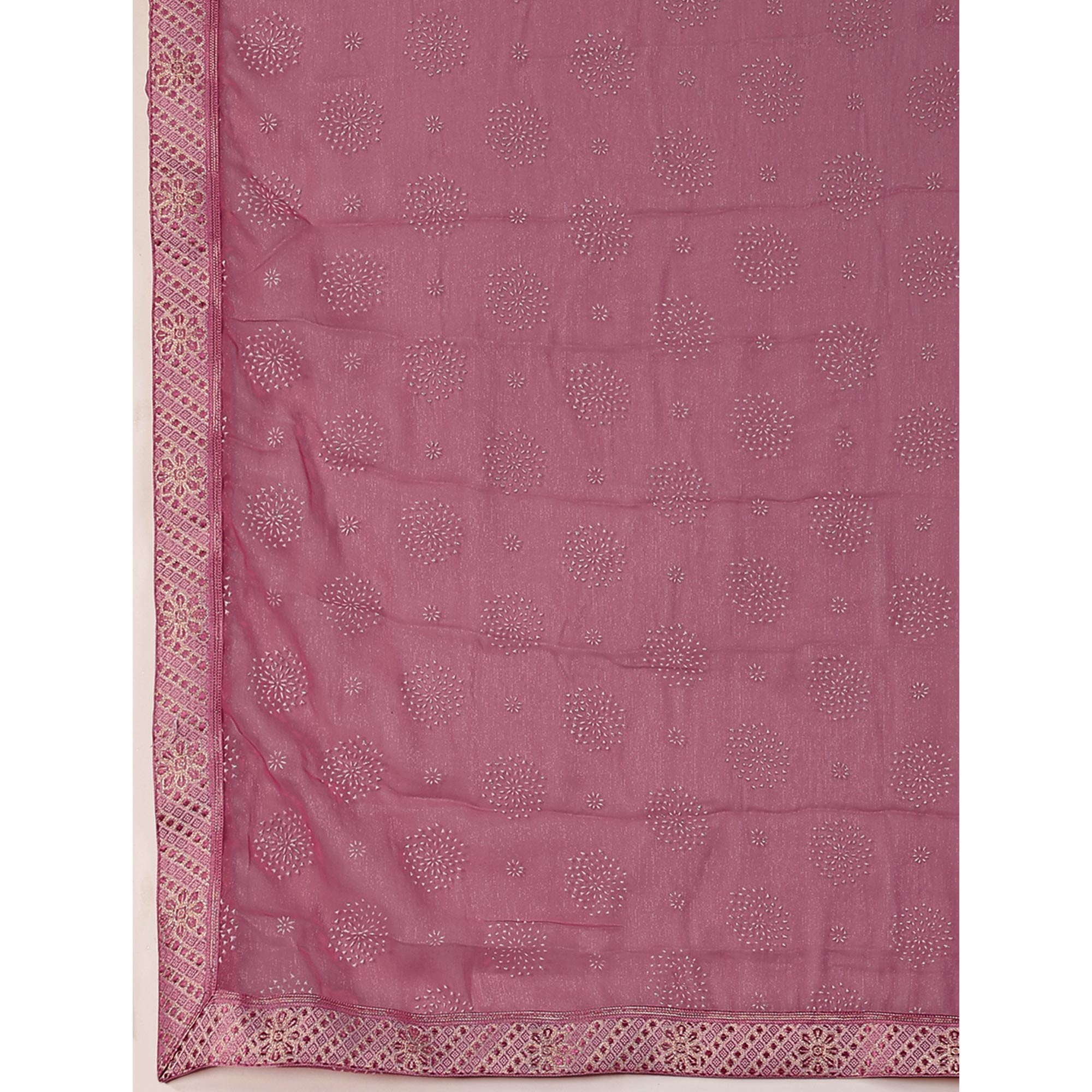 Peachmode Mauve Printed Chiffon Saree With Lace Border - view 9
