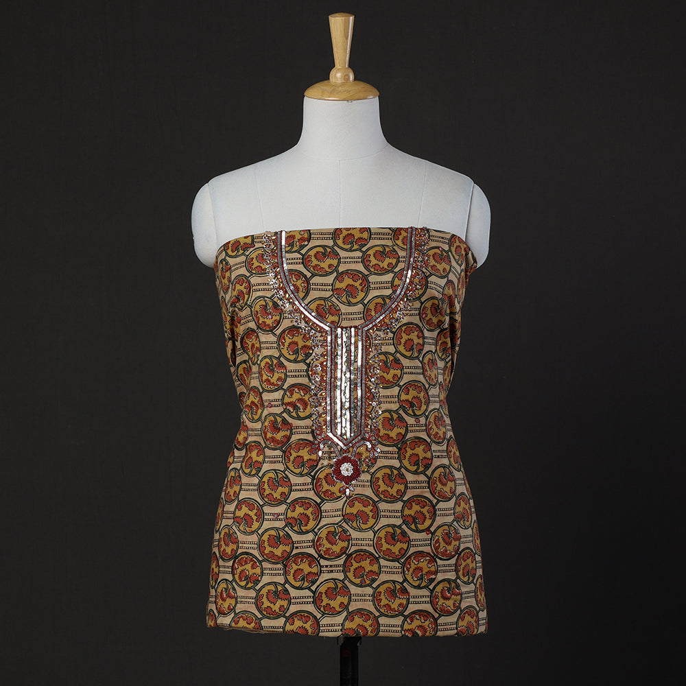 SOUTH KARGHA Brown - Embroidered Cotton Kalamkari Print Kurta Material (2.65m)