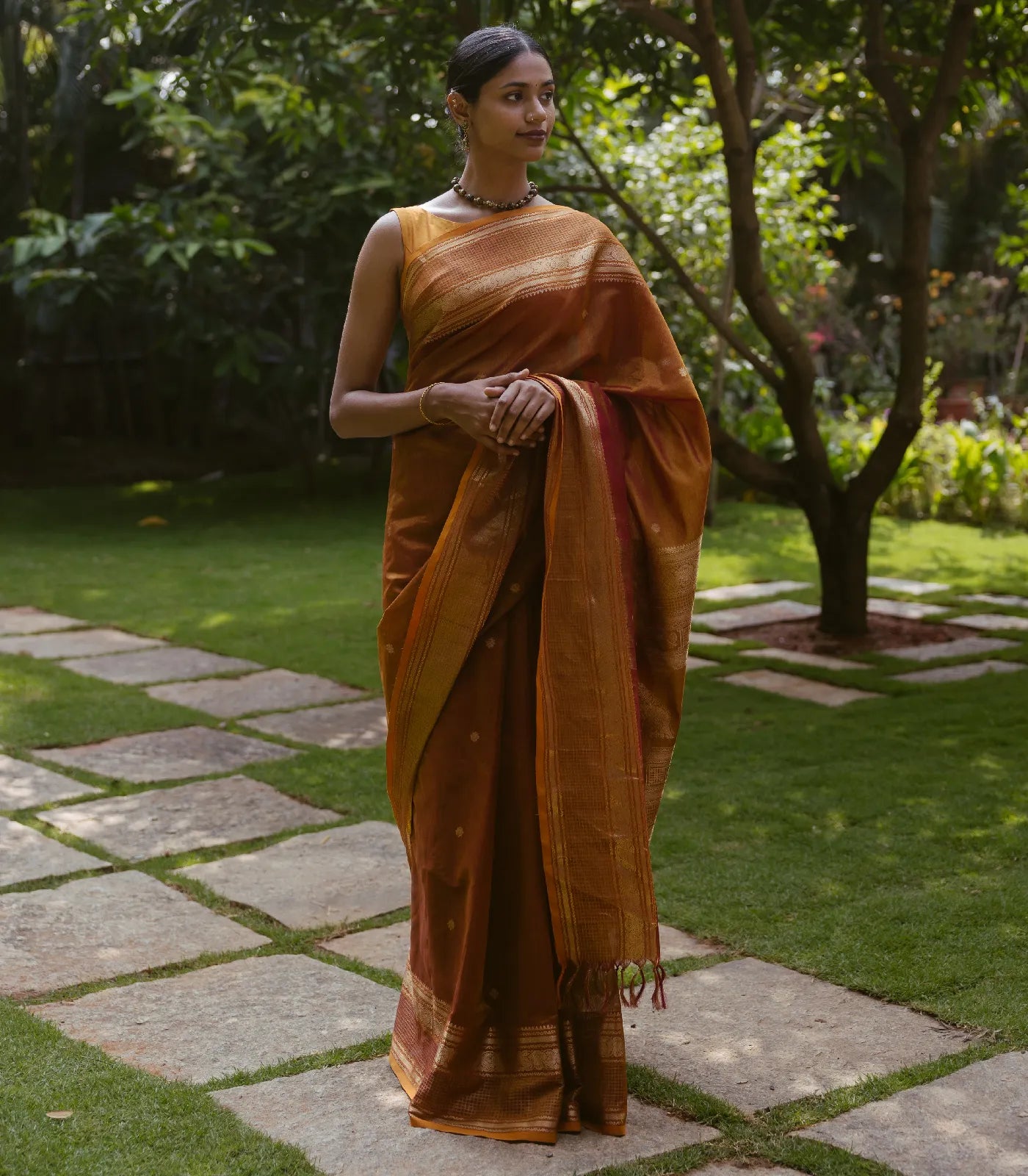 RmKV Honey Amber Handloom Silk Cotton With Kalamam Buttas and Checked border