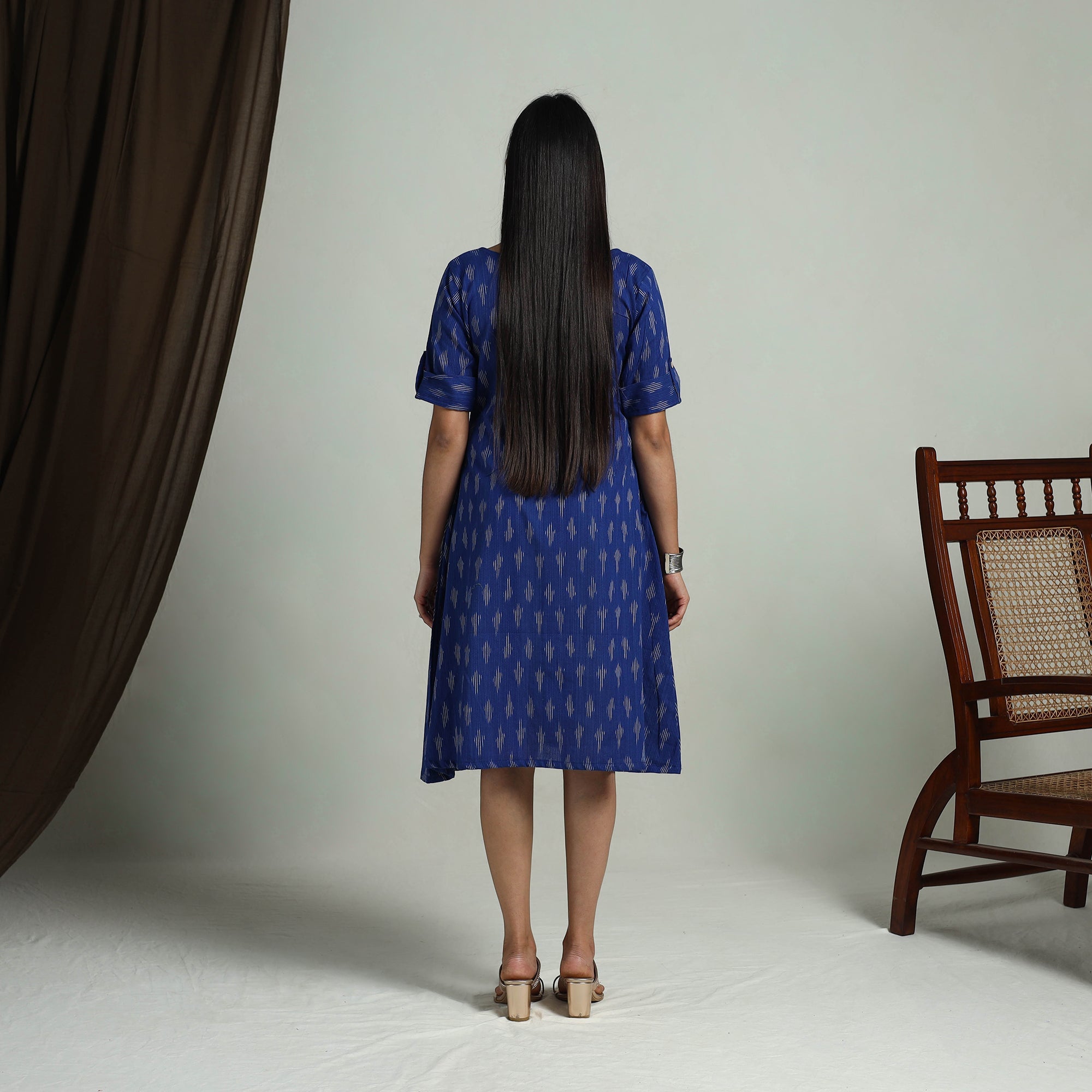 ITOKRI CASUALS Blue - Flared Cotton Short Pochampally Ikat Dress 11 - view 5