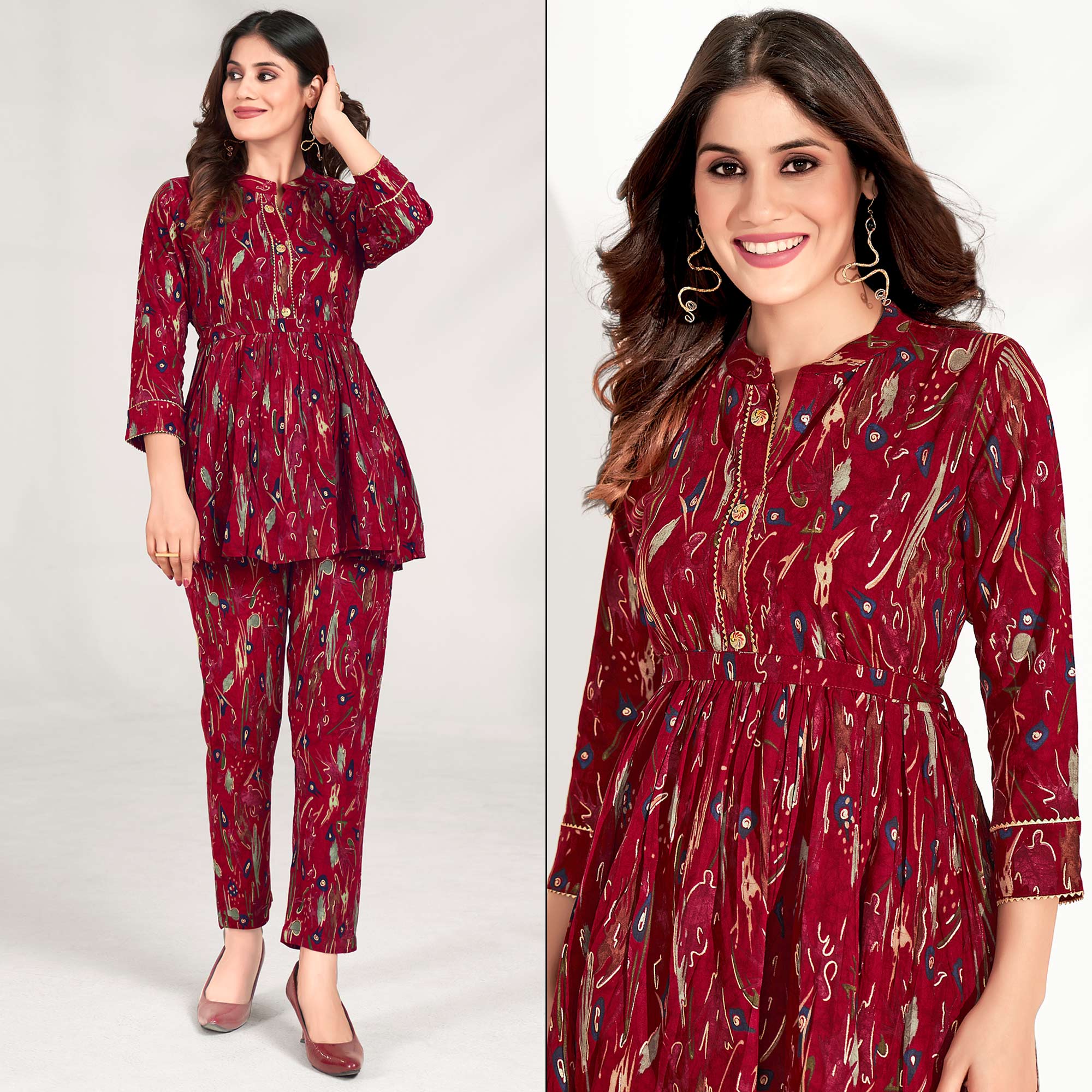 Peachmode Seller Dark Red Foil Printed Rayon Co Ord Set