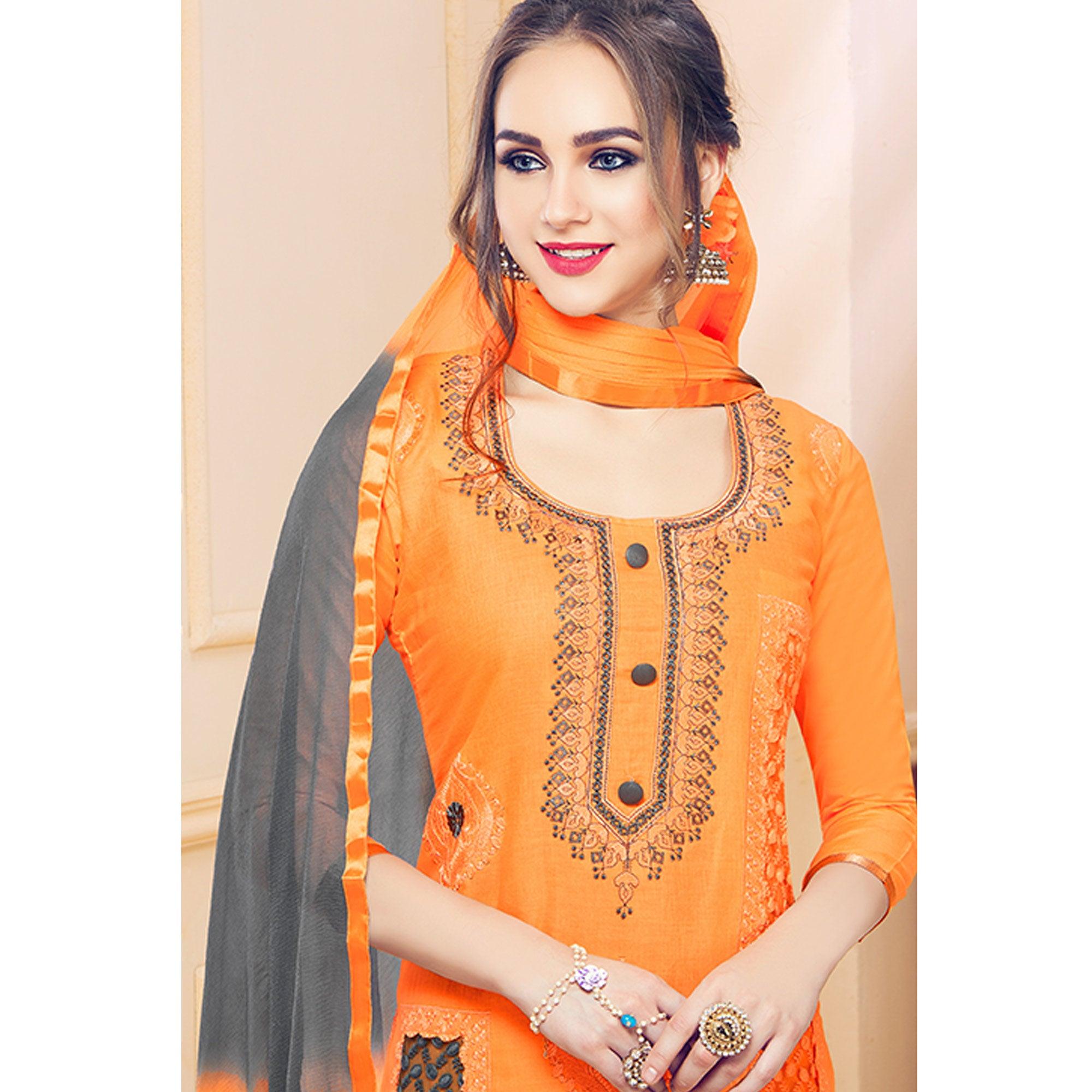Peachmode Classy Orange Colored Partywear Embroidered Cotton Dress Material - view 3