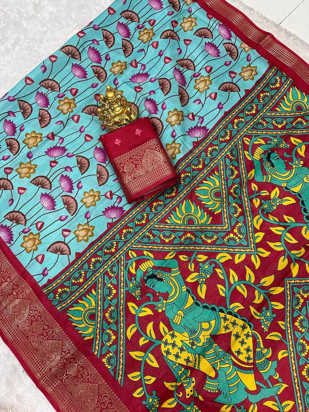 Shubh Blissful Firozi Digital Printed Dola Silk Saree With Desiring Blouse Piece - view 2