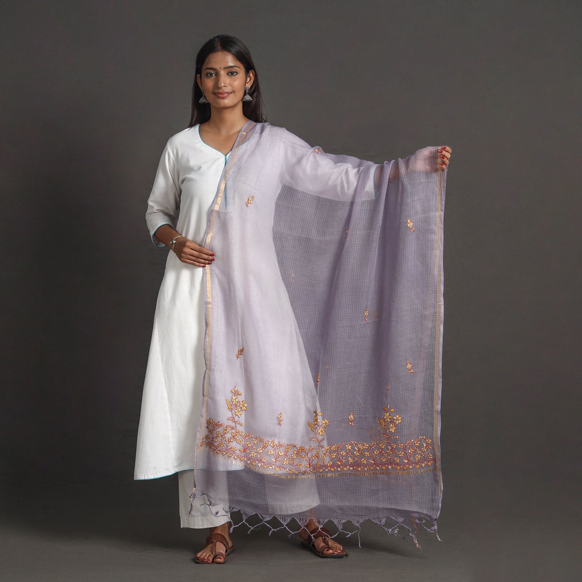ITOKRI CRAFTS INITIATIVE Kota Doria Silk Cotton Kashida Embroidery Dupatta 49