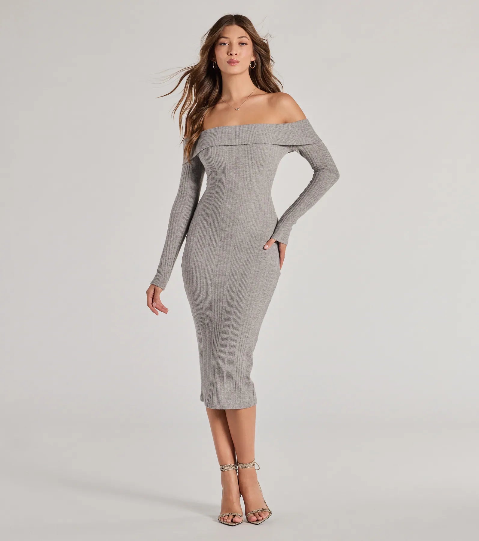 Windsor Perfect Curves Ribbed Knit Off-The-Shoulder Midi Dress