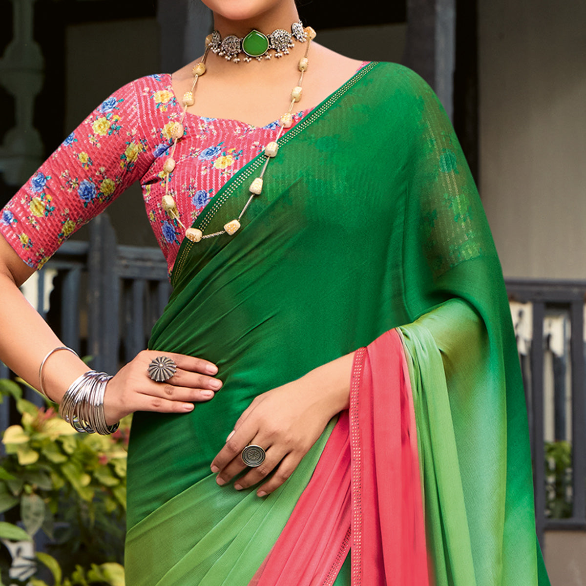 Peachmode Dark Green & Red Ombre Print Chiffon Sarees - view 2