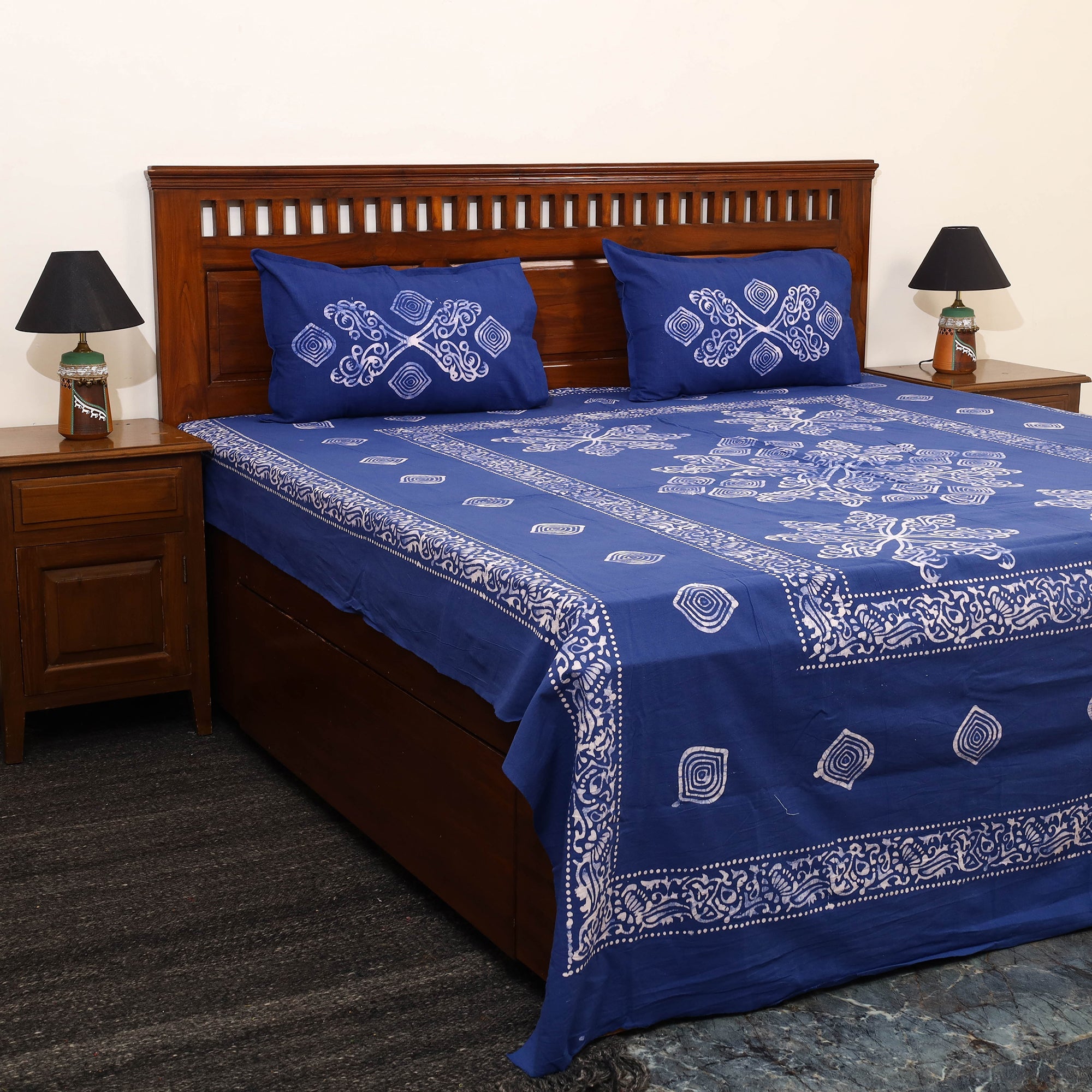 BATIK BY MD. SHARIFF Blue - Cotton Double Hand Batik Print Bed Sheet Set 13