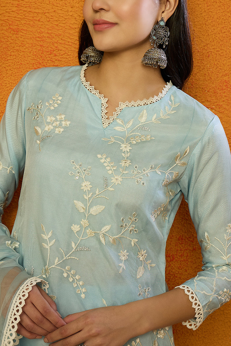 Ahika Blue Organza Solid Embroidered A-Line Dhoti Style Suit Set PKSKD2440 - view 2