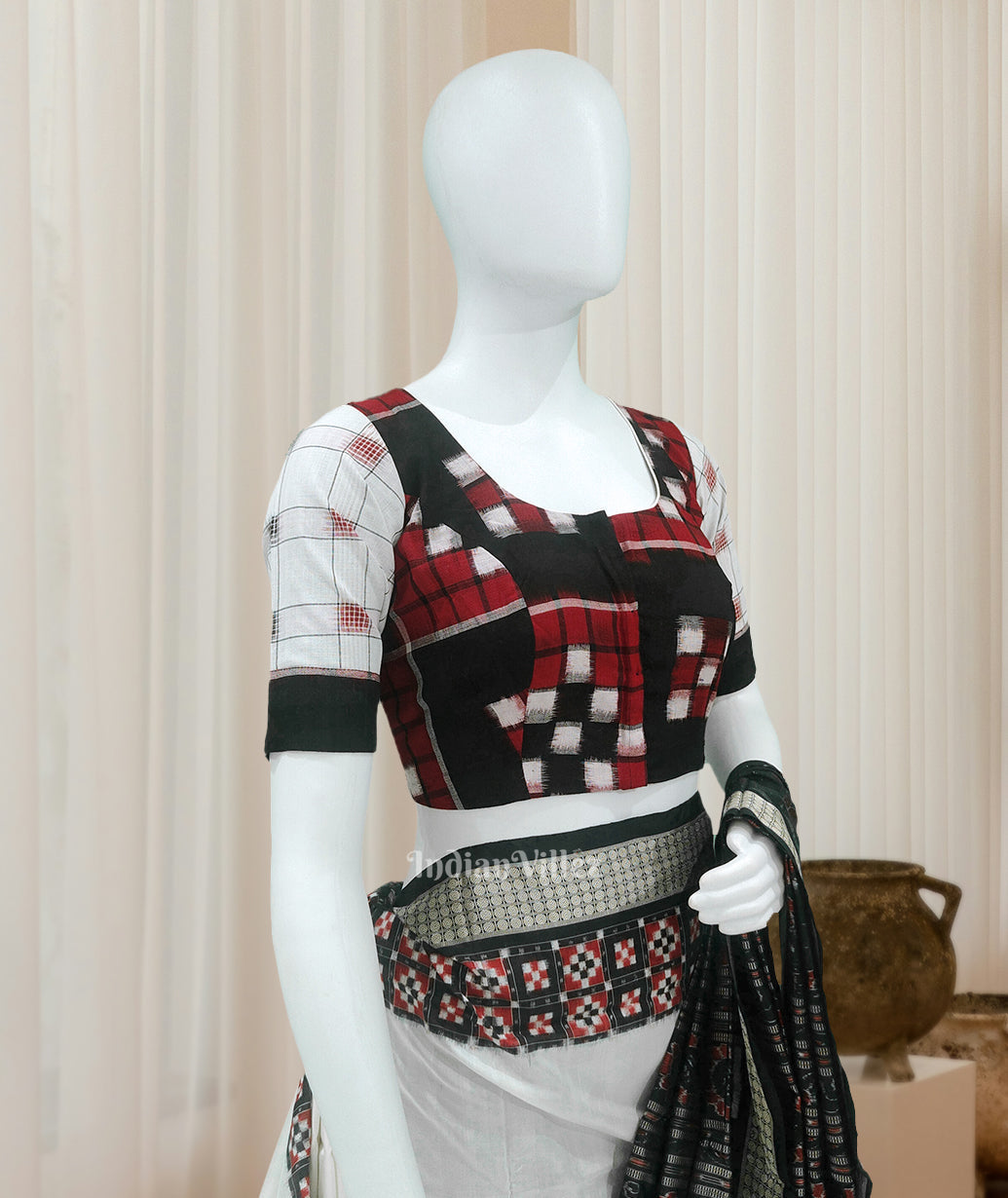 IndianVillèz Red Black Pasapali Odisha Ikat Sambalpuri Cotton Blouse