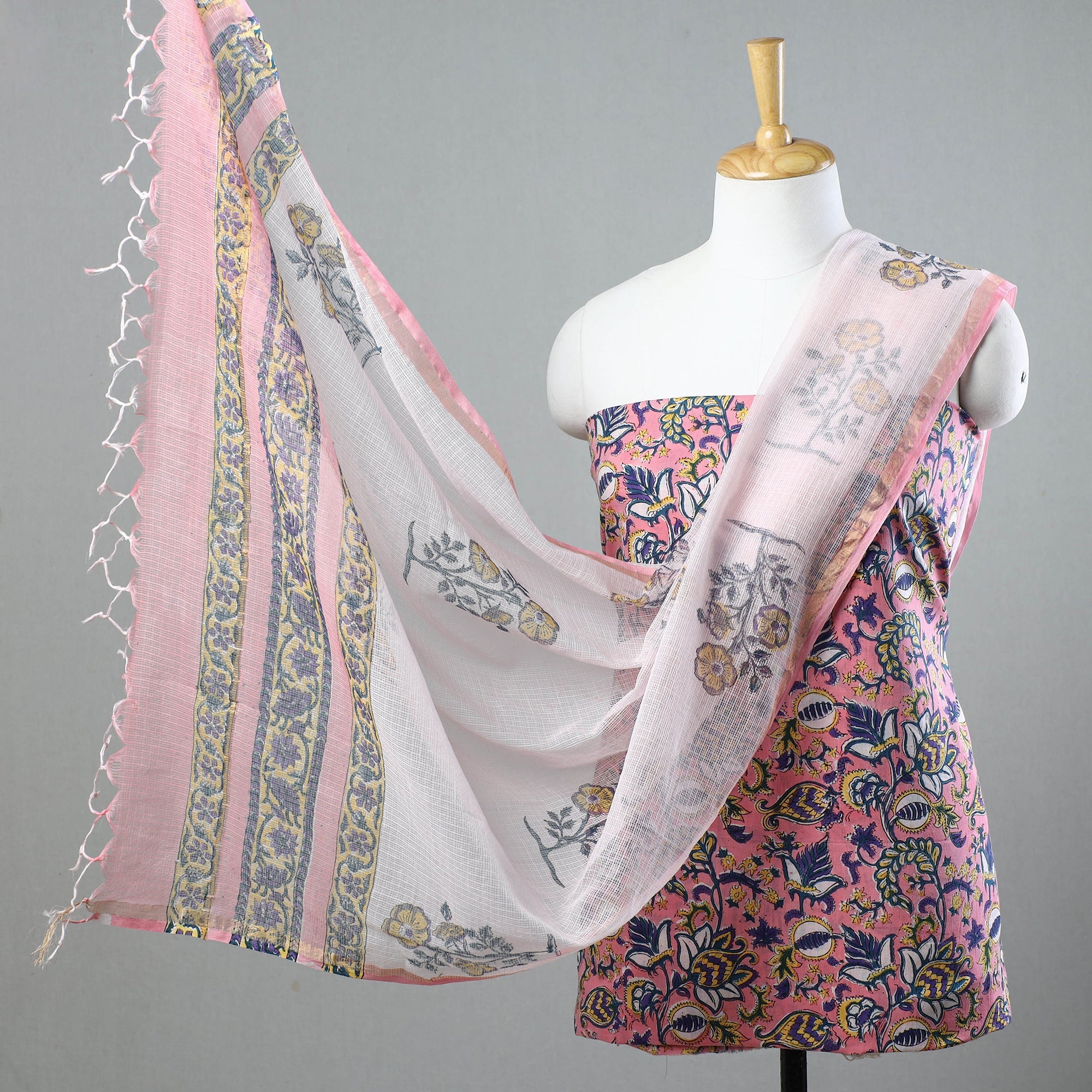 KUSUMLATA 3pc Sanganeri Block Printed Cotton Suit Material with Kota Doria Dupatta 15