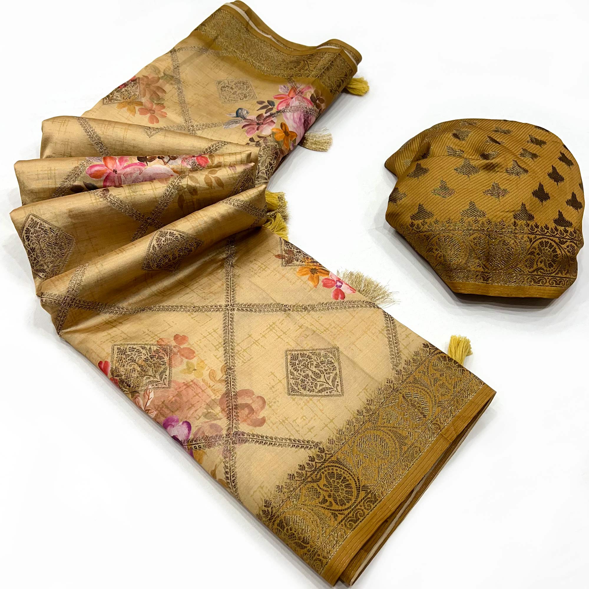 Peachmode Chikoo Woven With Floral Digital Printed Raw Silk Saree