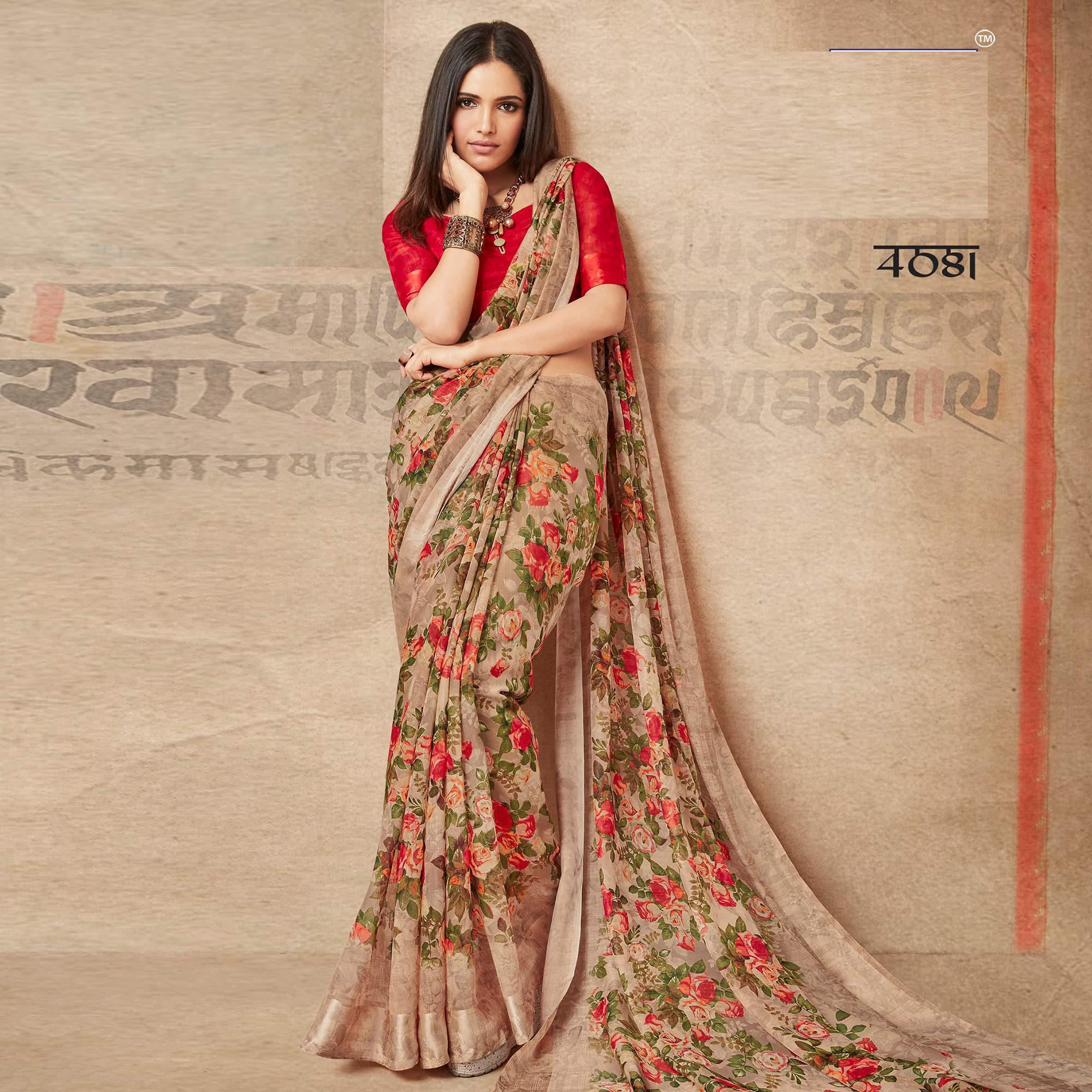 Peachmode Demanding Beige Colored Partywear Digital Printed Linen Saree