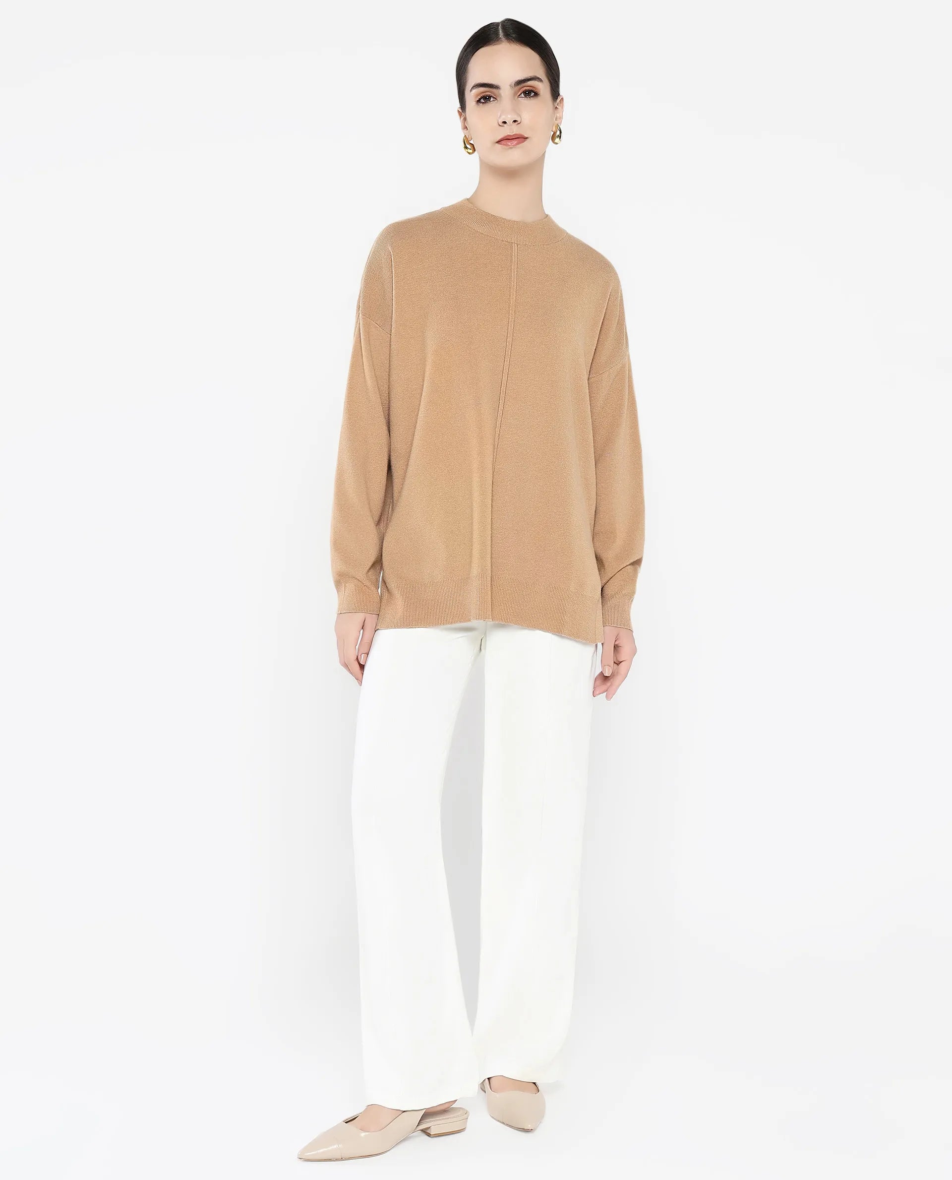 Rareism Women Omerli T Beige Oversized Fit Plain Sweater - view 7