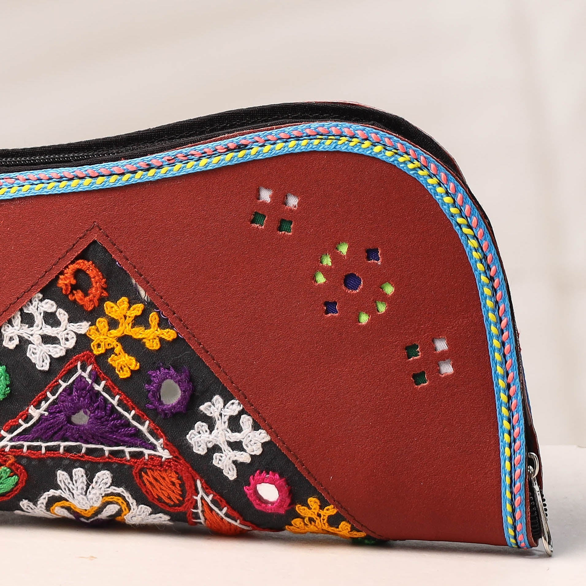 KACHCHH JI CHHAAP Brown - Handcrafted Kutch Embroidery Leather Clutch / Wallet - view 2