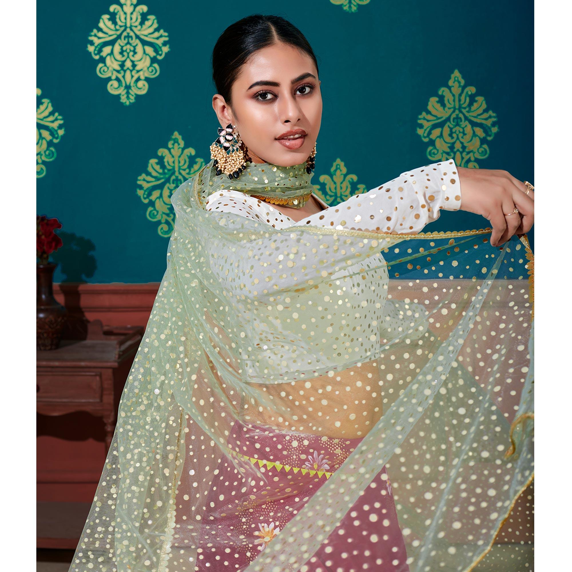 Peachmode Deep Pink-White Wedding Wear Pigment Foil Printed Work Georgette Lehenga Choli - view 2