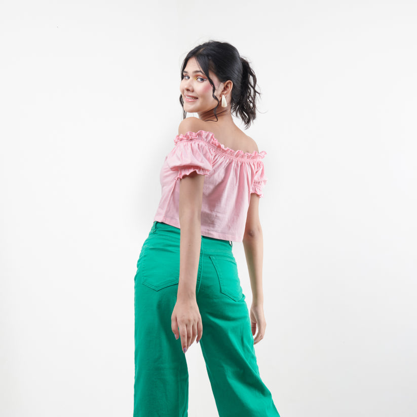 Cottage COre Plain Knit Crop Top – Pink - view 4