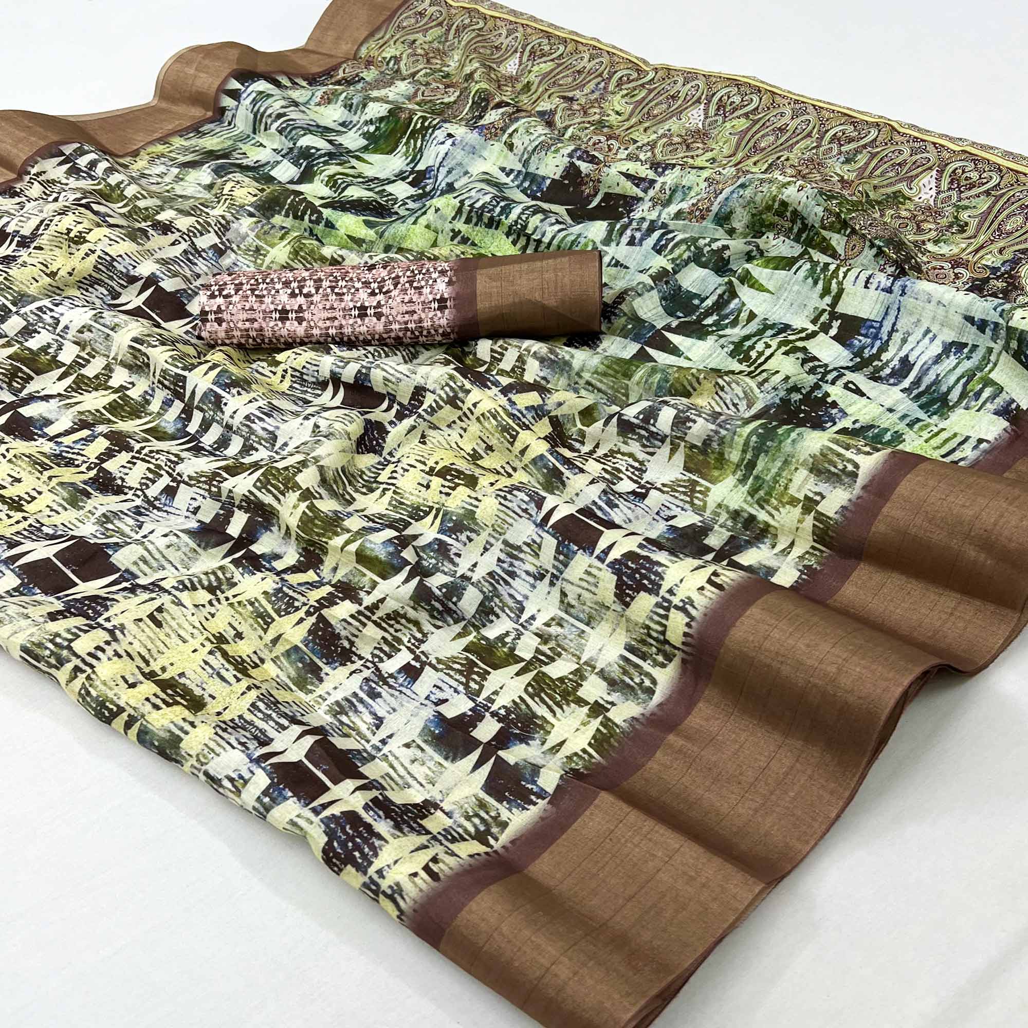 Peachmode Multicolor Digital Printed With Woven Border Cotton Silk Saree