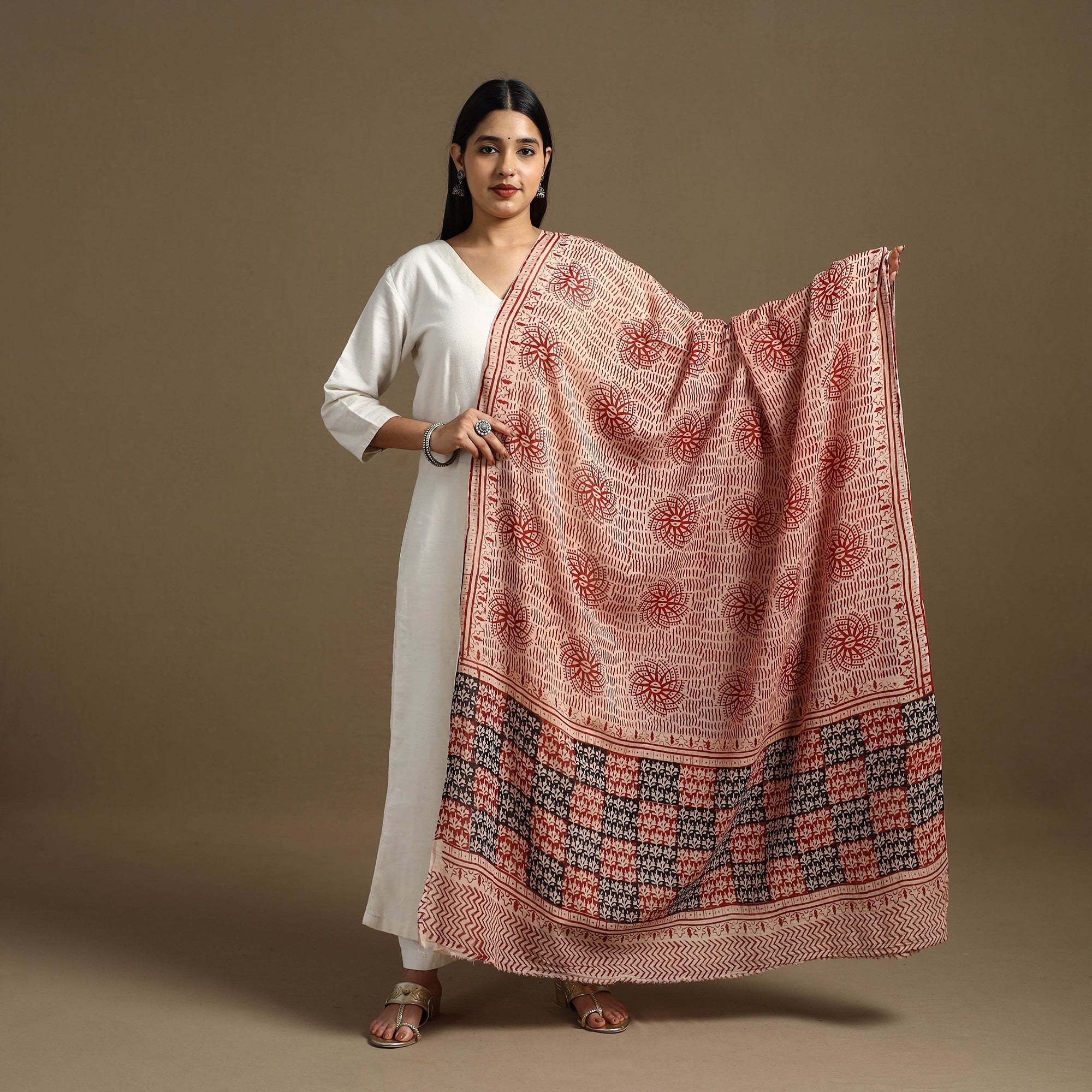 ARTISAN HAND BLOCK PRINTS Beige - Block Print Mul Cotton Bagru Dupatta 19 - view 2