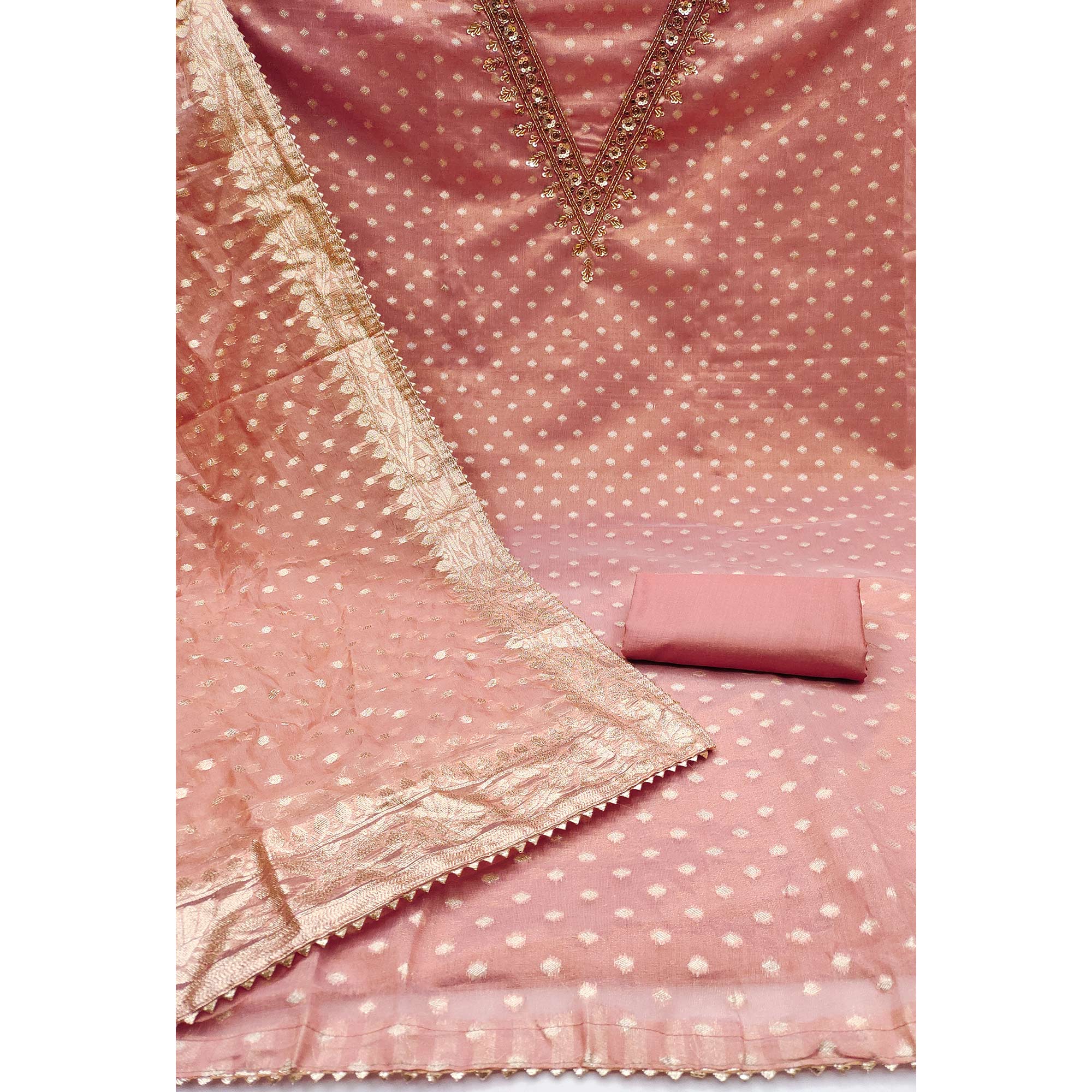 Peachmode Peach Woven With Sequins Embroidered Chanderi Silk Dress Material - view 3