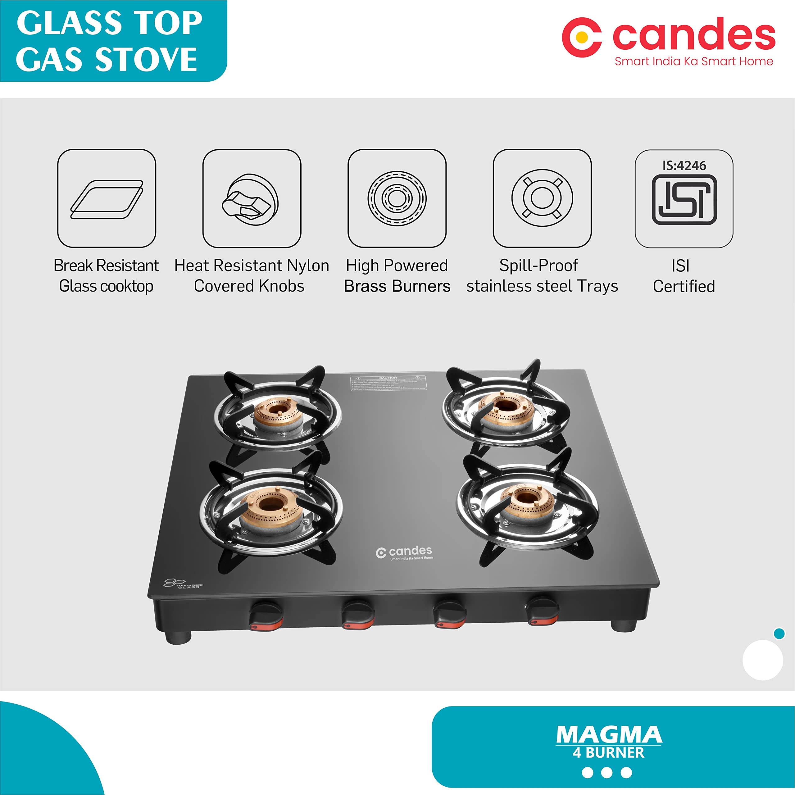 Candes Magma Glass Top Gas Stove, Manual Ignition, Black (ISI Certified, With 18 Months Warranty (4 Burner) - view 2