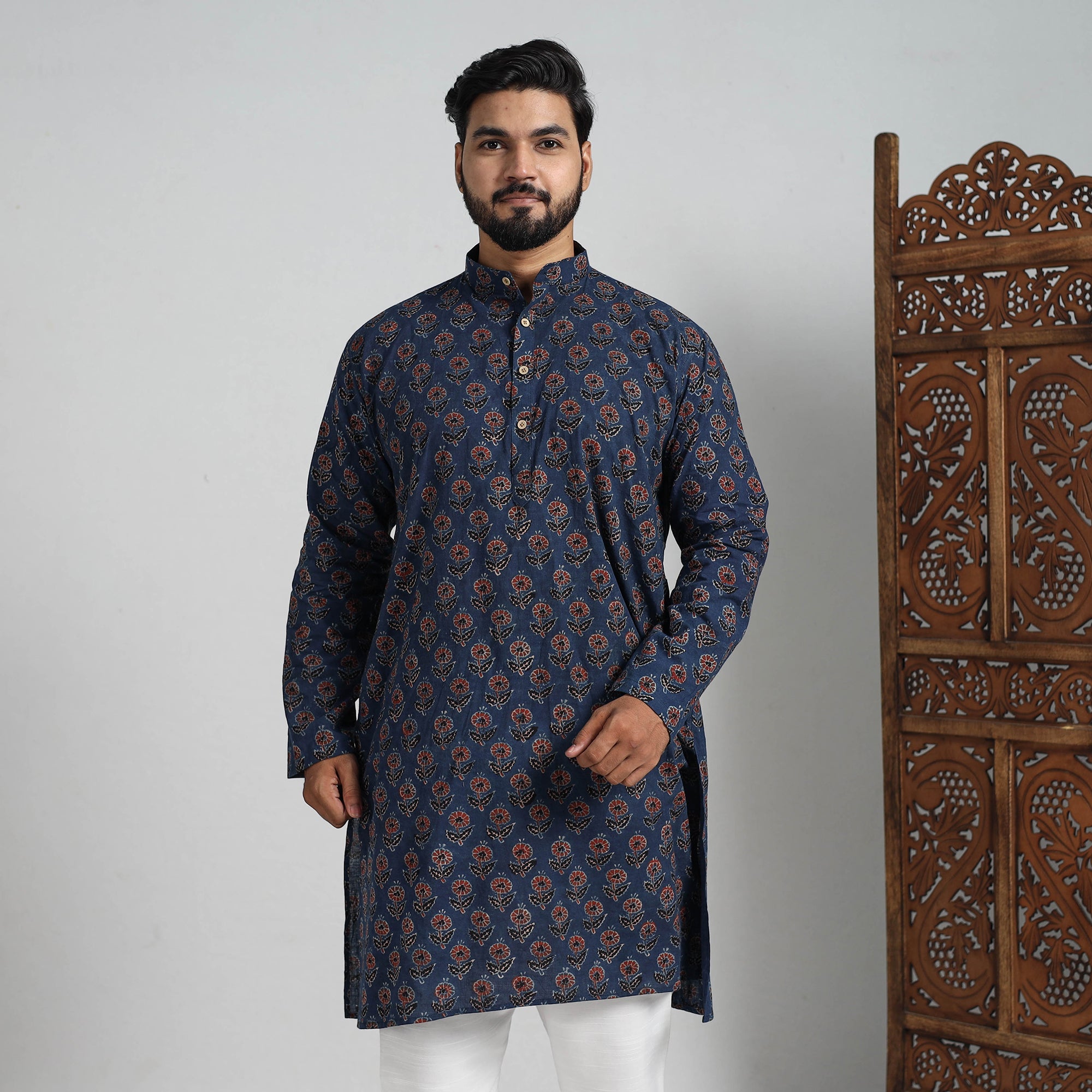 ITOKRI CASUALS Ajrakh Block Printed Cotton Men Long Kurta 18 - view 3