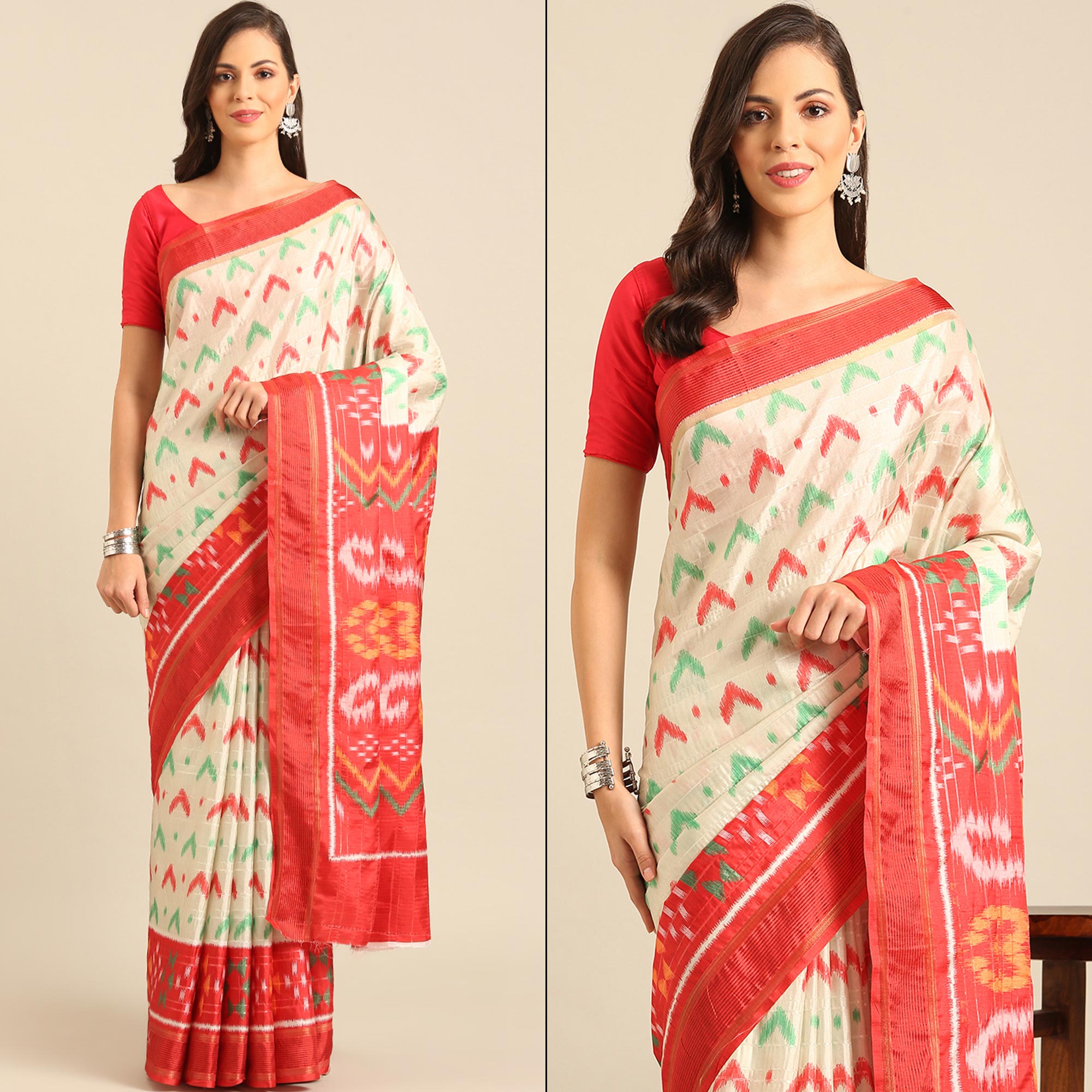 Peachmode Cream Digital Patola Printed Cotton Blend Saree