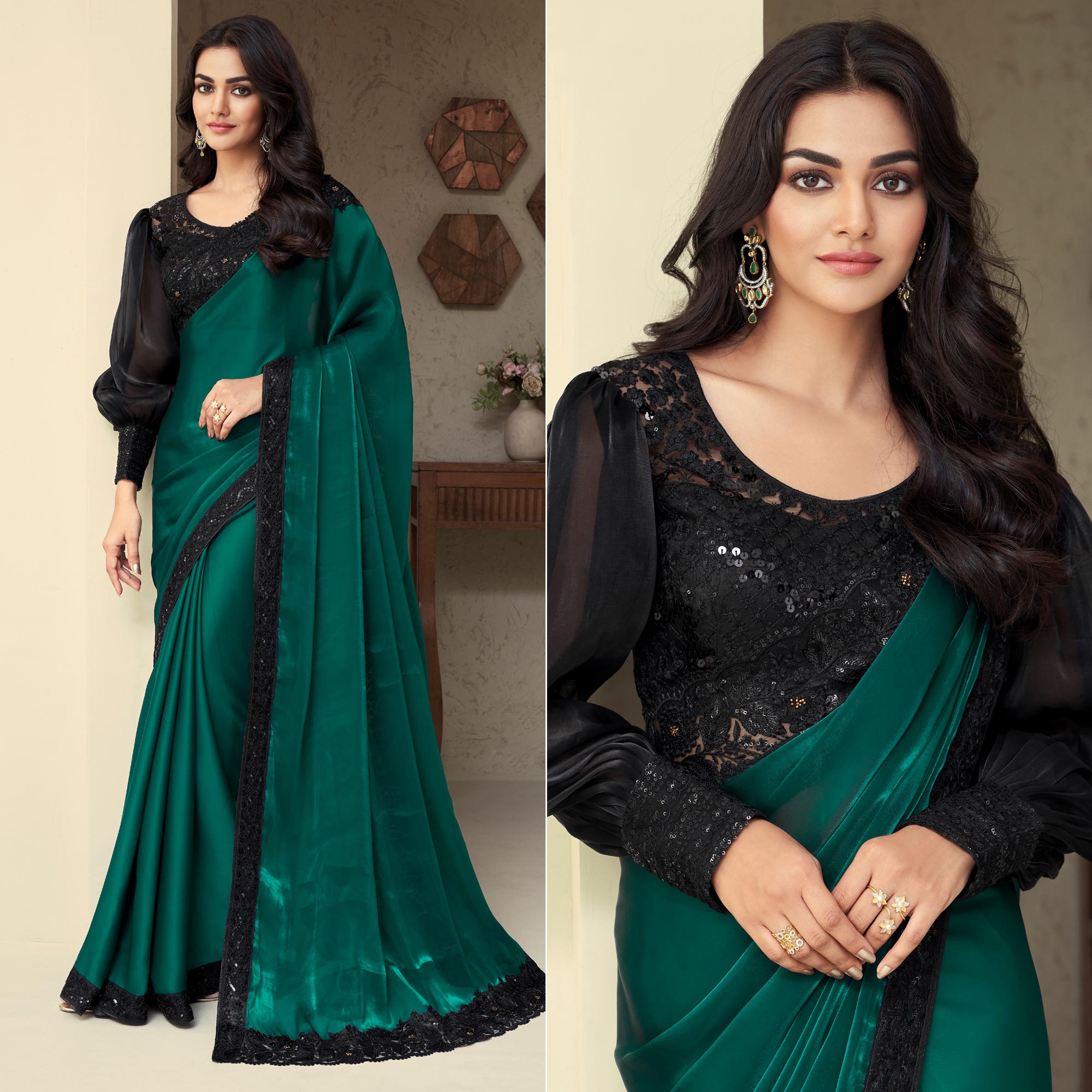 Peachmode Bottle Green Sequins Embroidered Georgette Saree