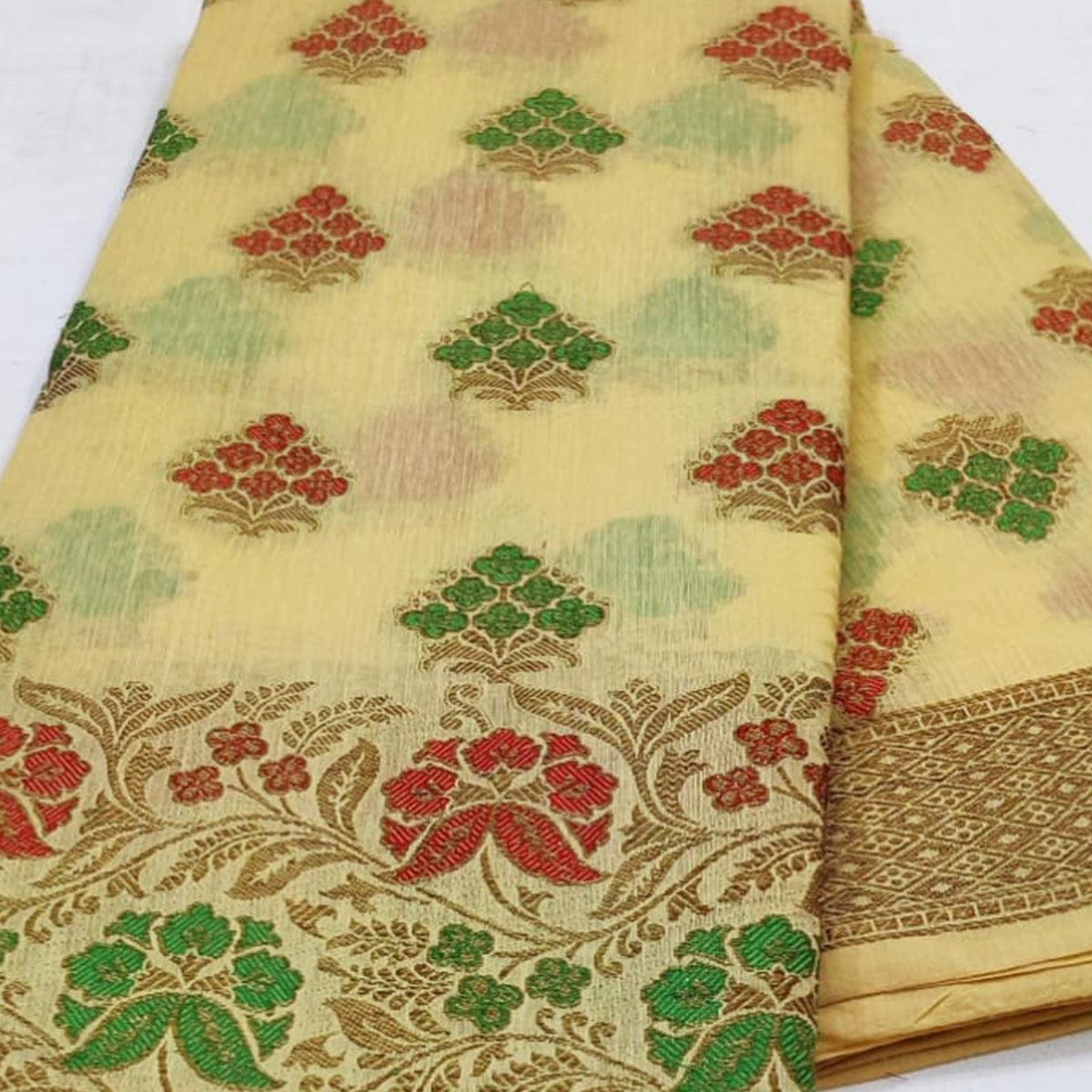 Peachmode Cream Festive Wear Floral Woven Cotton Saree With Meena Butta Pallu - view 2