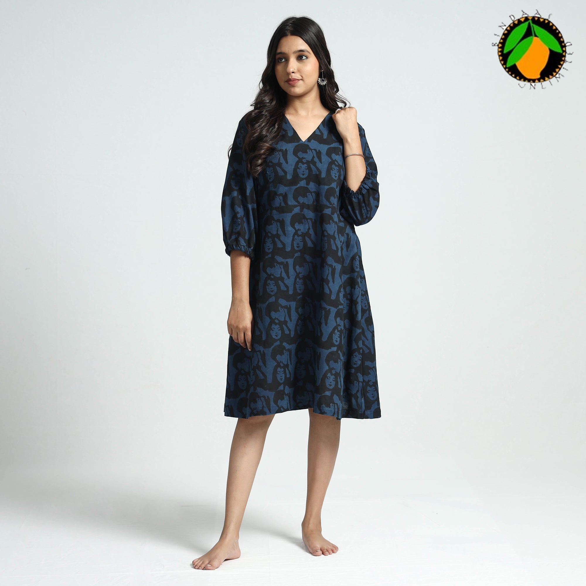 ITOKRI CASUALS Black & Blue - Bindaas Art Block Printed Cotton Dress