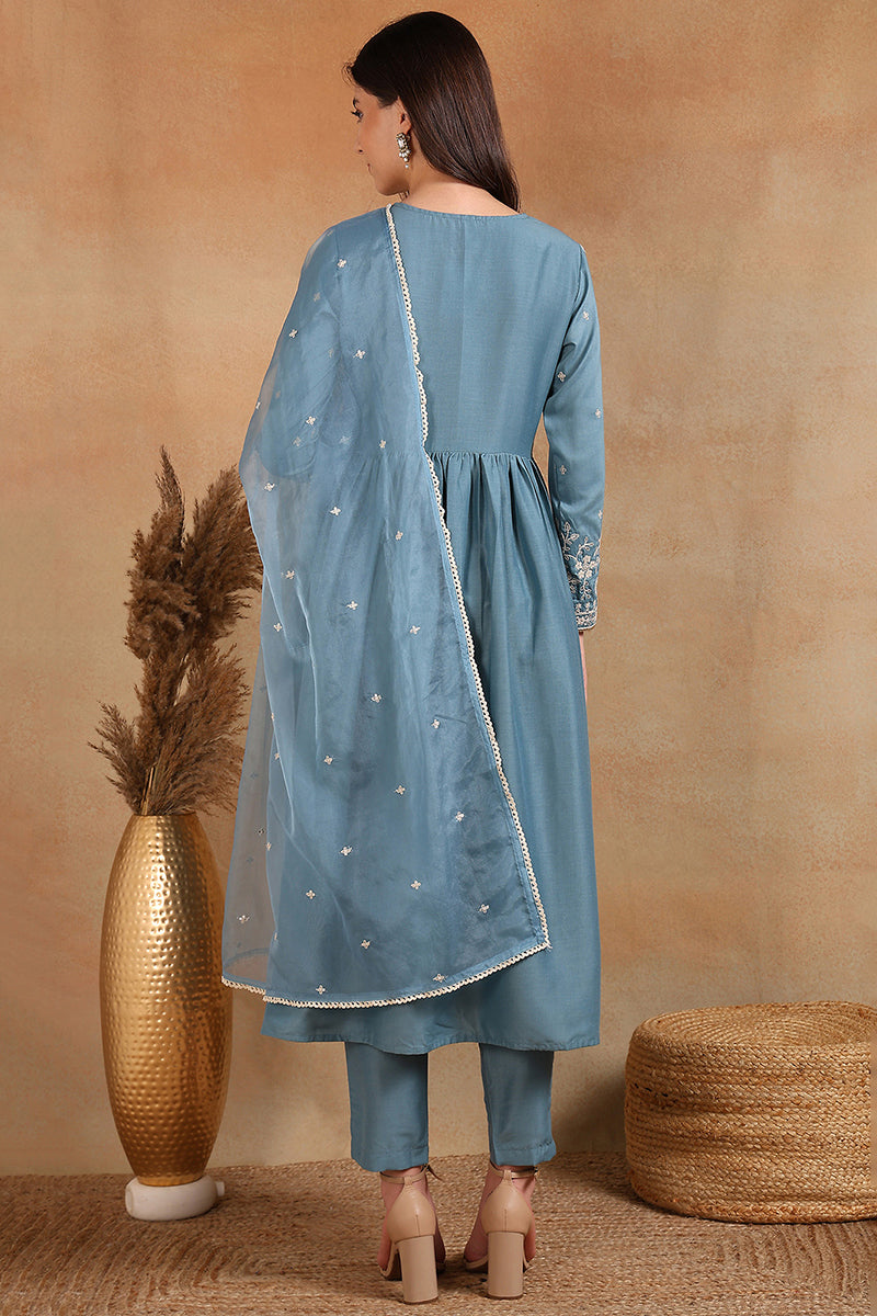 Ahika Blue Silk Blend Solid Embroidered Anarkali Suit Set PKSKD2013 - view 7