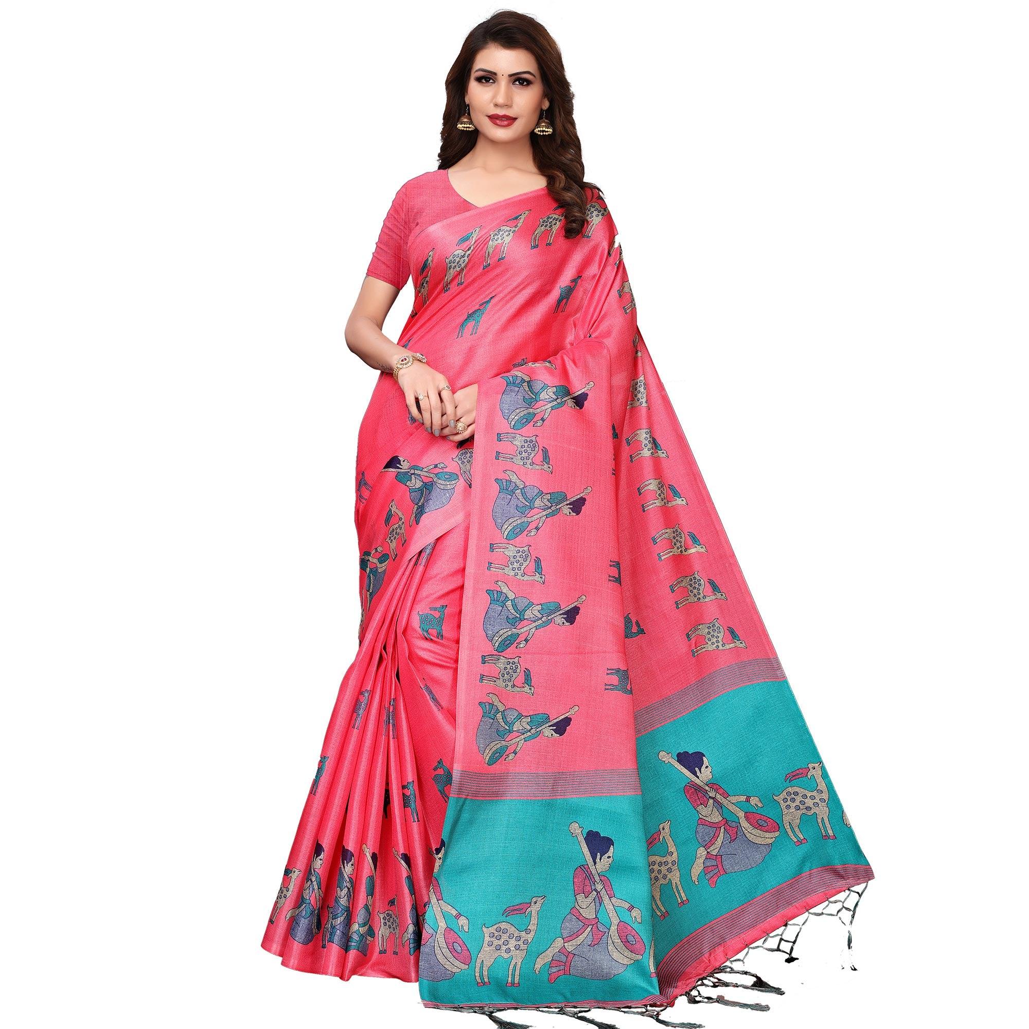 Peachmode Imposing Light Pink Colored Festive Wear Printed Art Silk Saree