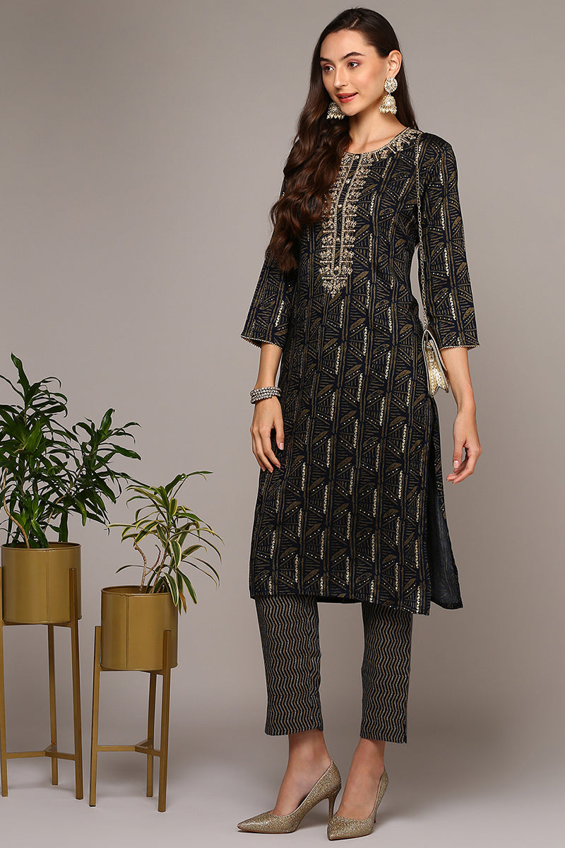 Ahika Blue Silk Blend Ethnic Motifs Straight Kurta VCK9130