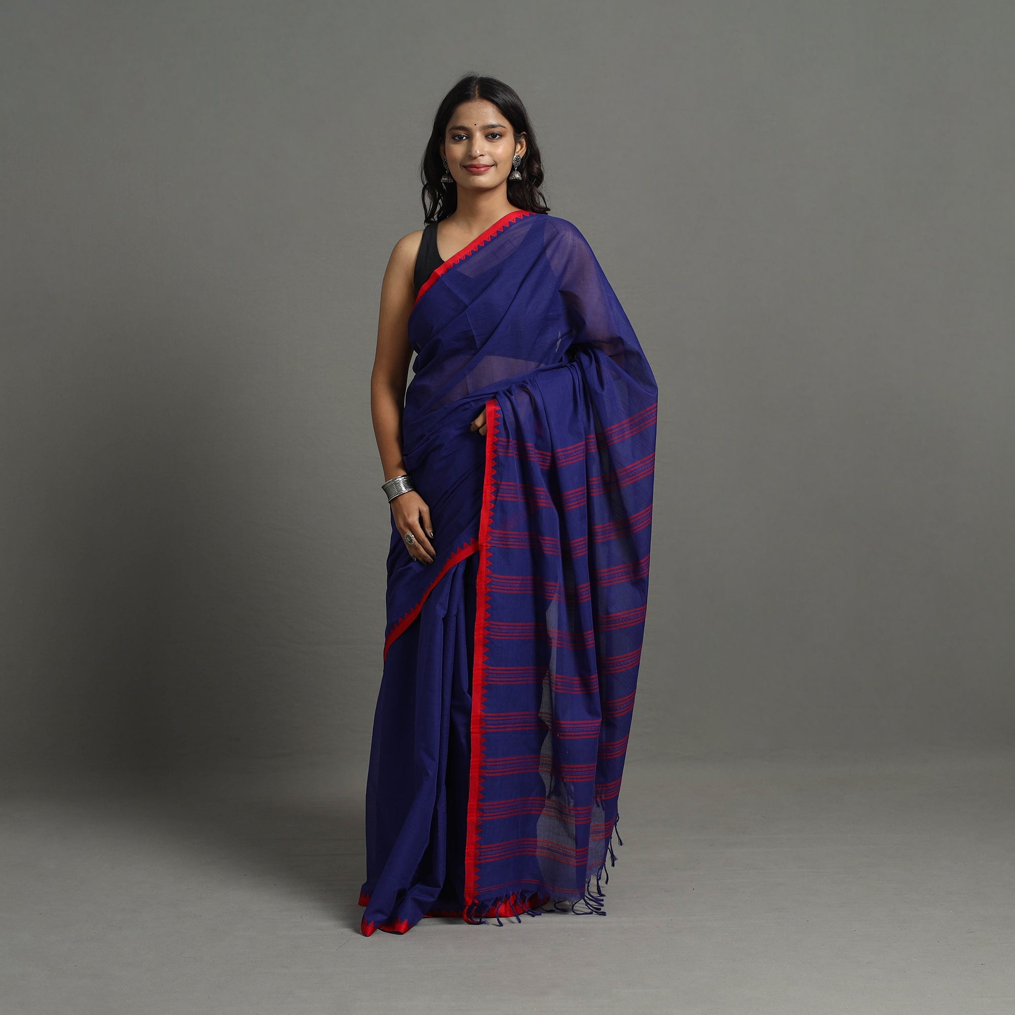 SASHA Blue - Bengal Handwoven Cotton Plain Begampuri Saree 21