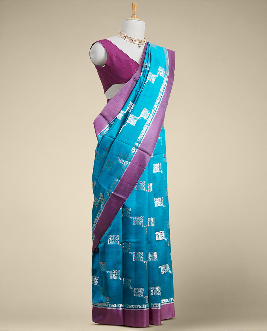 Pothys Blue geometric motifs dupion silk saree with contrast plain border - view 2