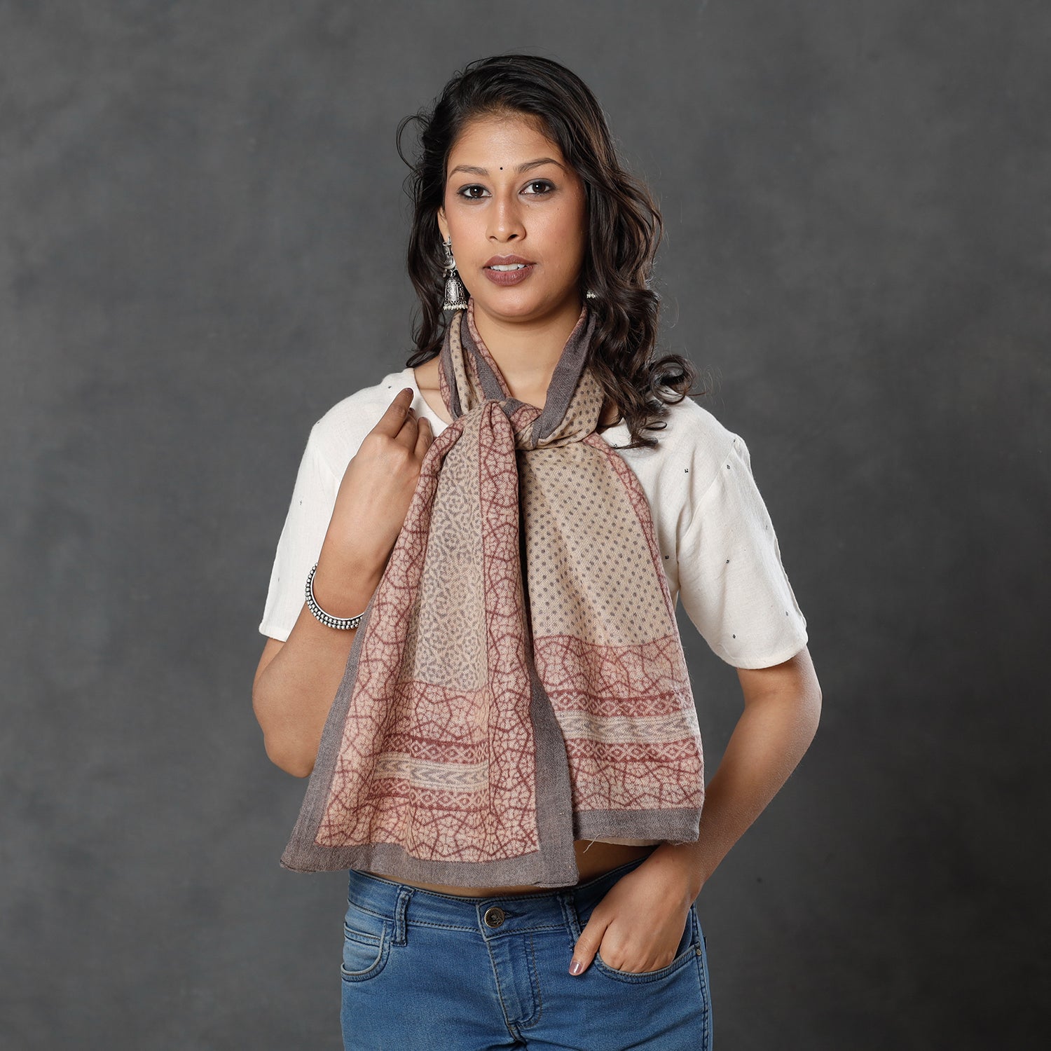 BAGH PRINTS BY MOHAMMED BILAL KHATRI Beige - Bagh Block Printed Natural Dyed Woolen Muffler (61 in) - view 2