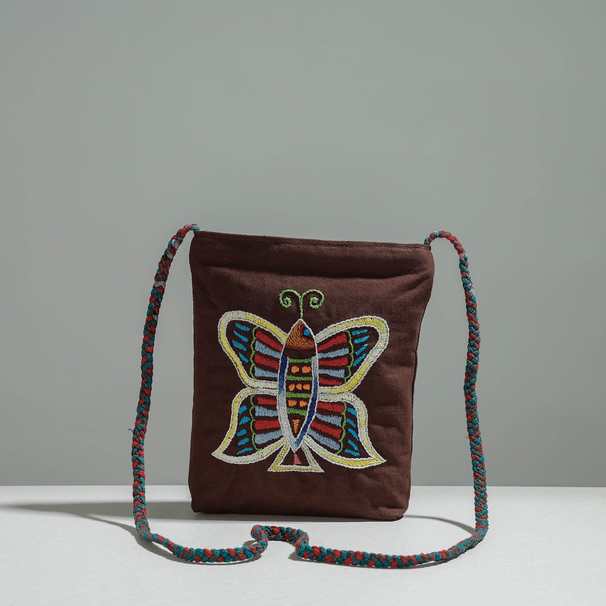 RANGILA DHAGA Brown - Cotton Fabric Hand Embroidered Sling Bag - view 3