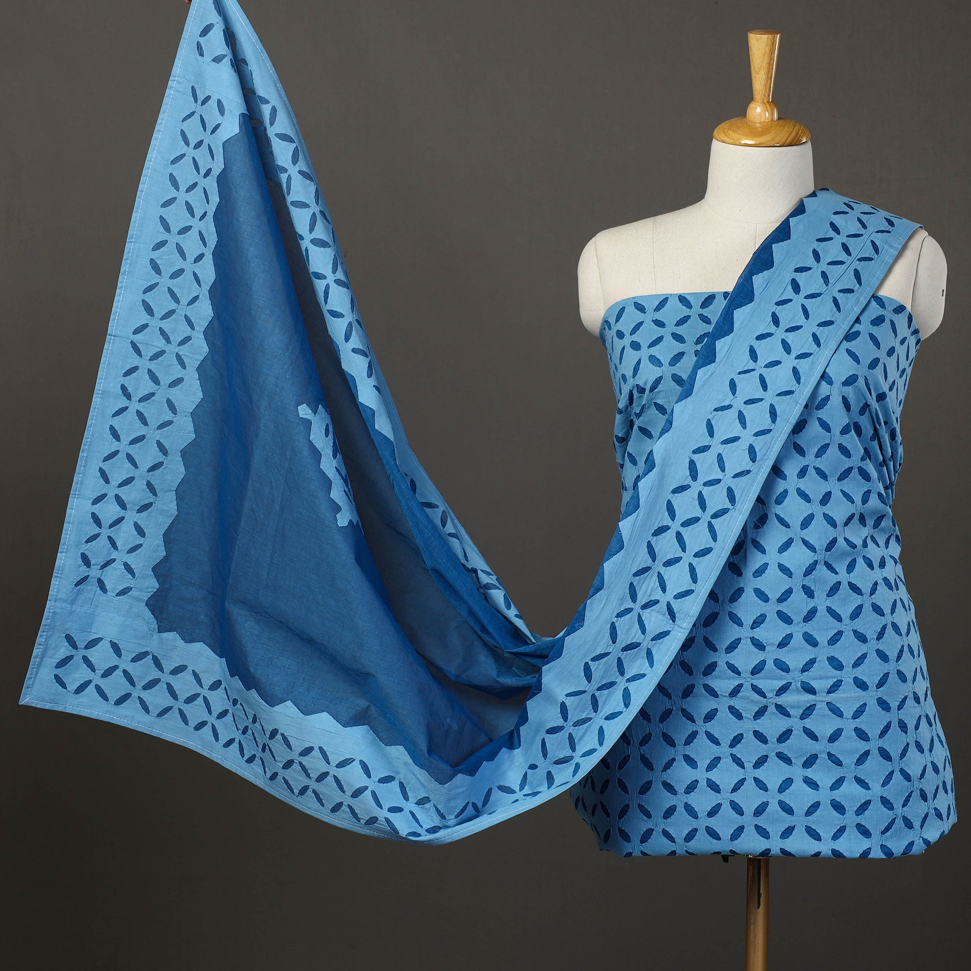 SHADES OF MARUDHARA Blue - 3pc Cut Work Cotton Barmer Applique Dress Material 24