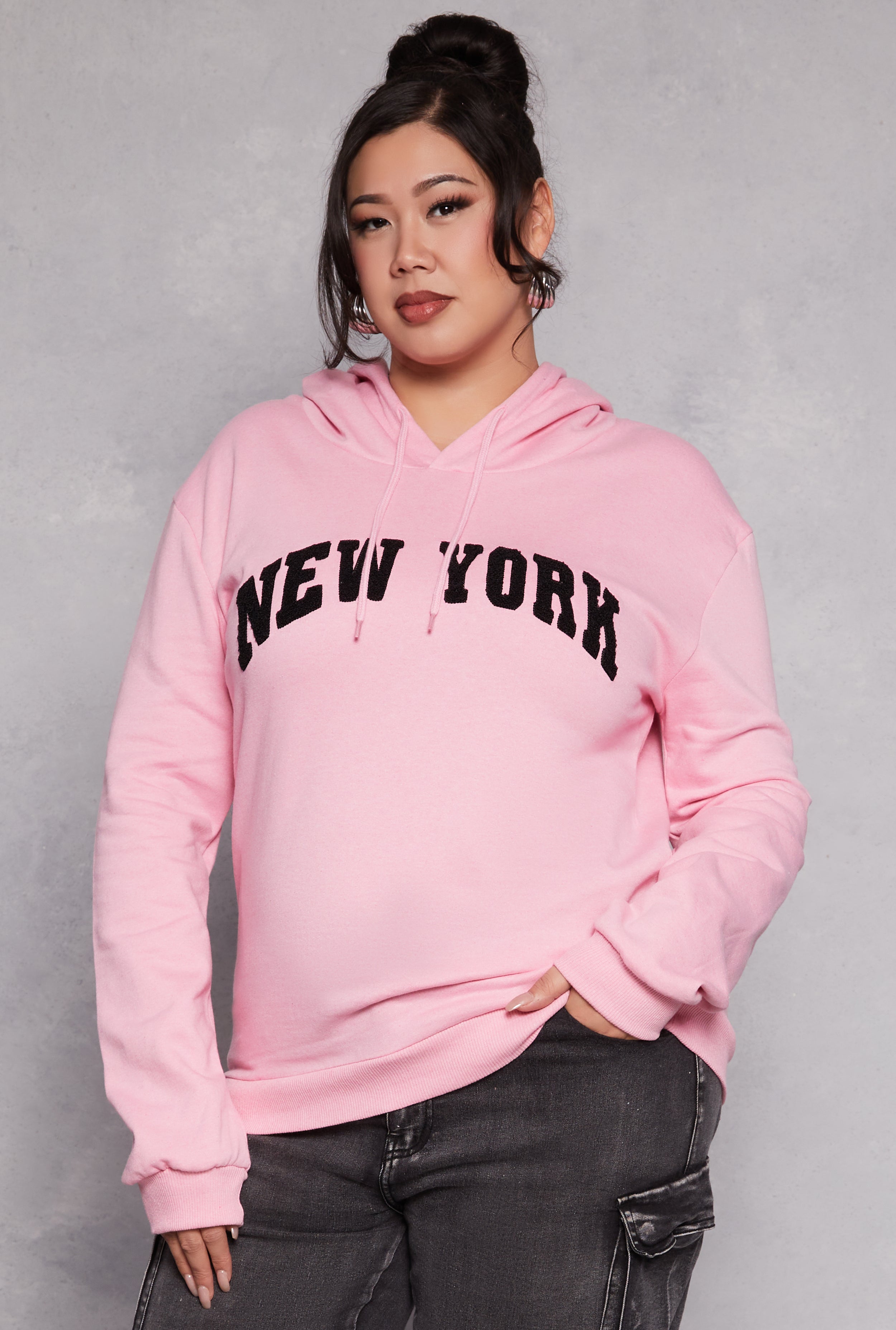 Rainbow Shops Plus Size New York Chenille Patch Hoodie