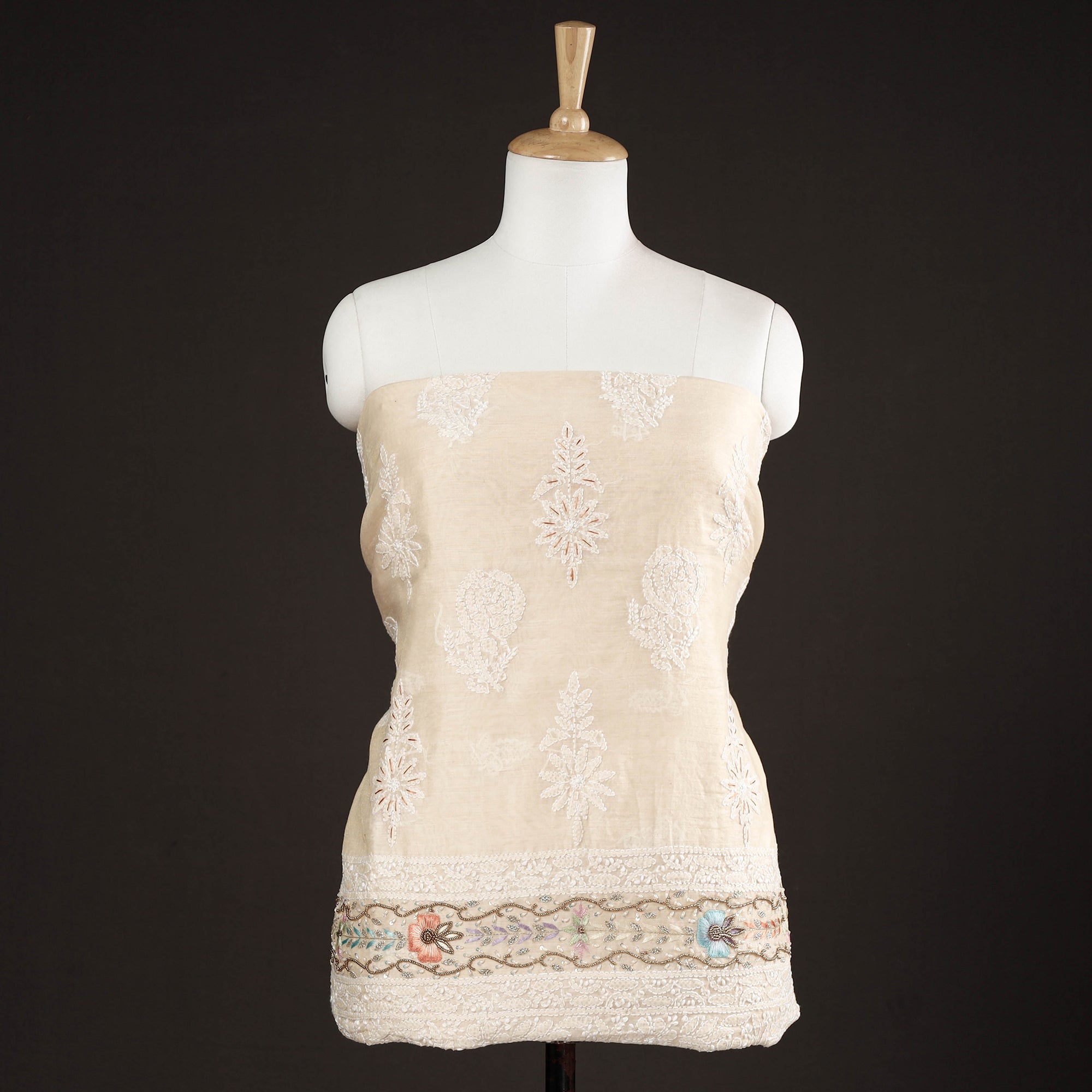 ITOKRI CRAFTS INITIATIVE Beige - Lucknow Chikankari with Parsi Style Embroidery Chanderi Silk Kurta Material - 3.15 Meter