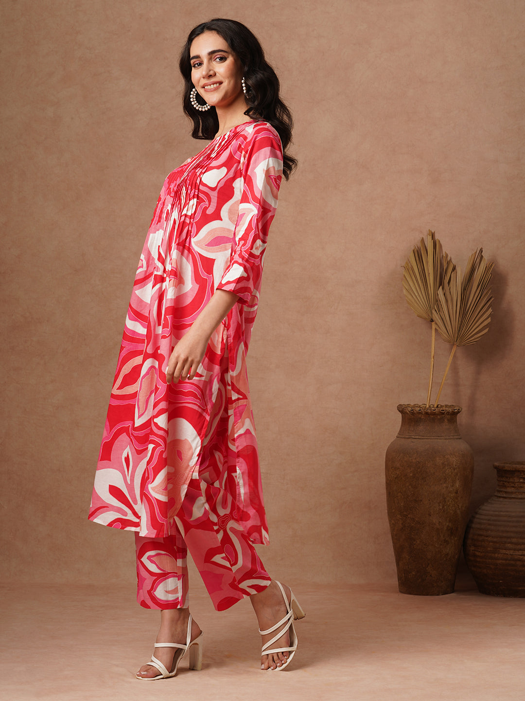 FASHOR Abstract Printed A-Line Pin Tucked Co-ord Set - Pink - view 5