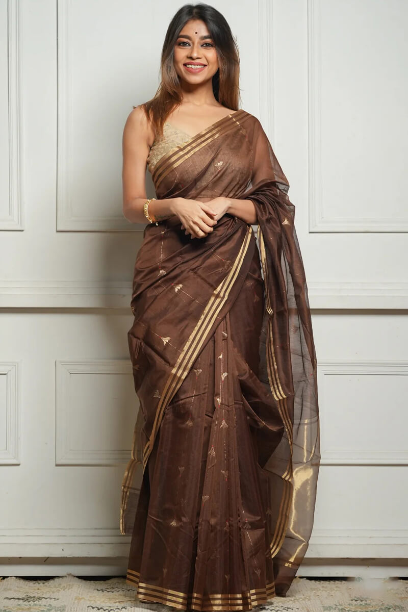 Aayna Embellished Brown Cotton Silk Saree With Felicitous Blouse Piece