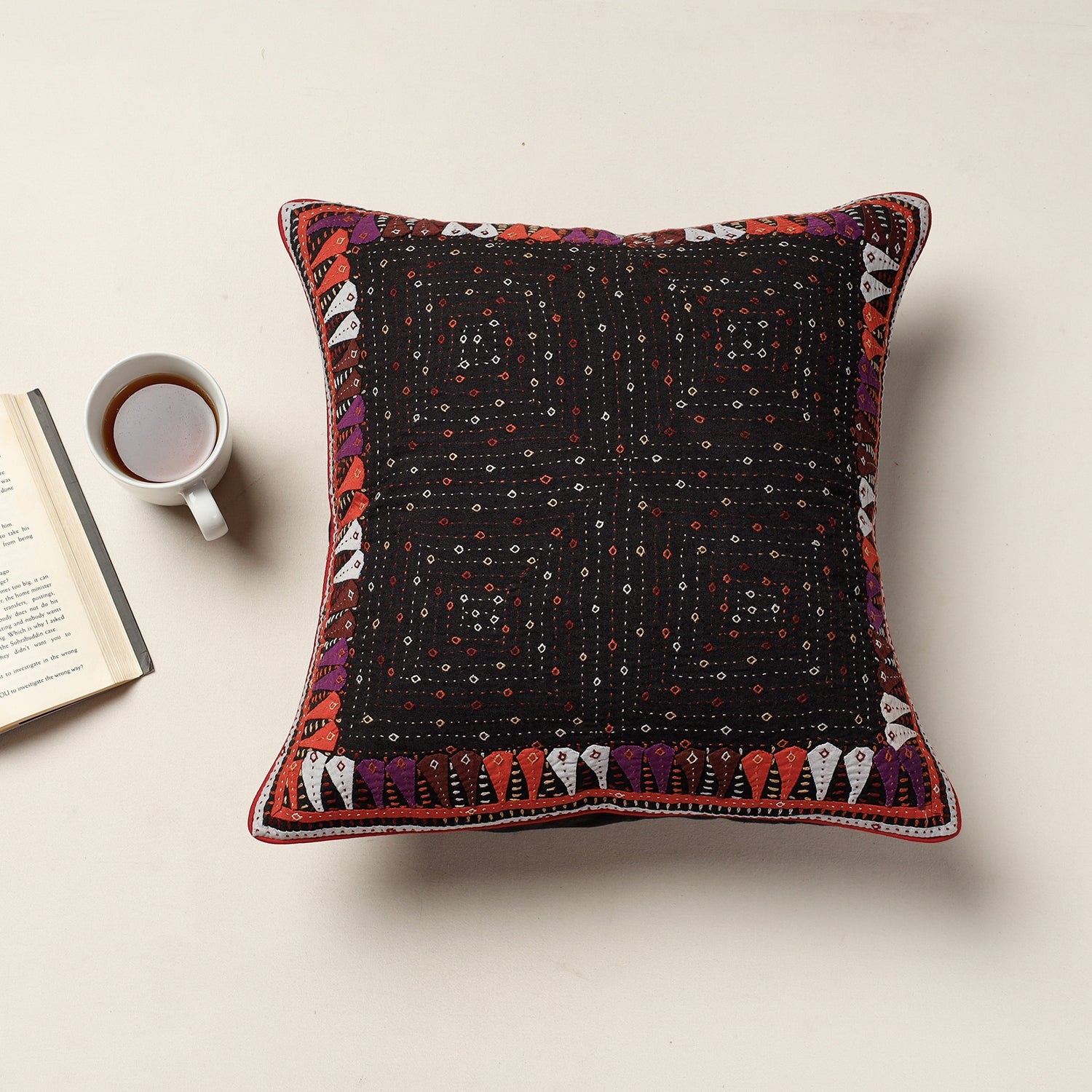 QASAB Black - Kutch Dhebariya Sebha Hand Embroidery Cotton Cushion Cover (16 x 16 in)