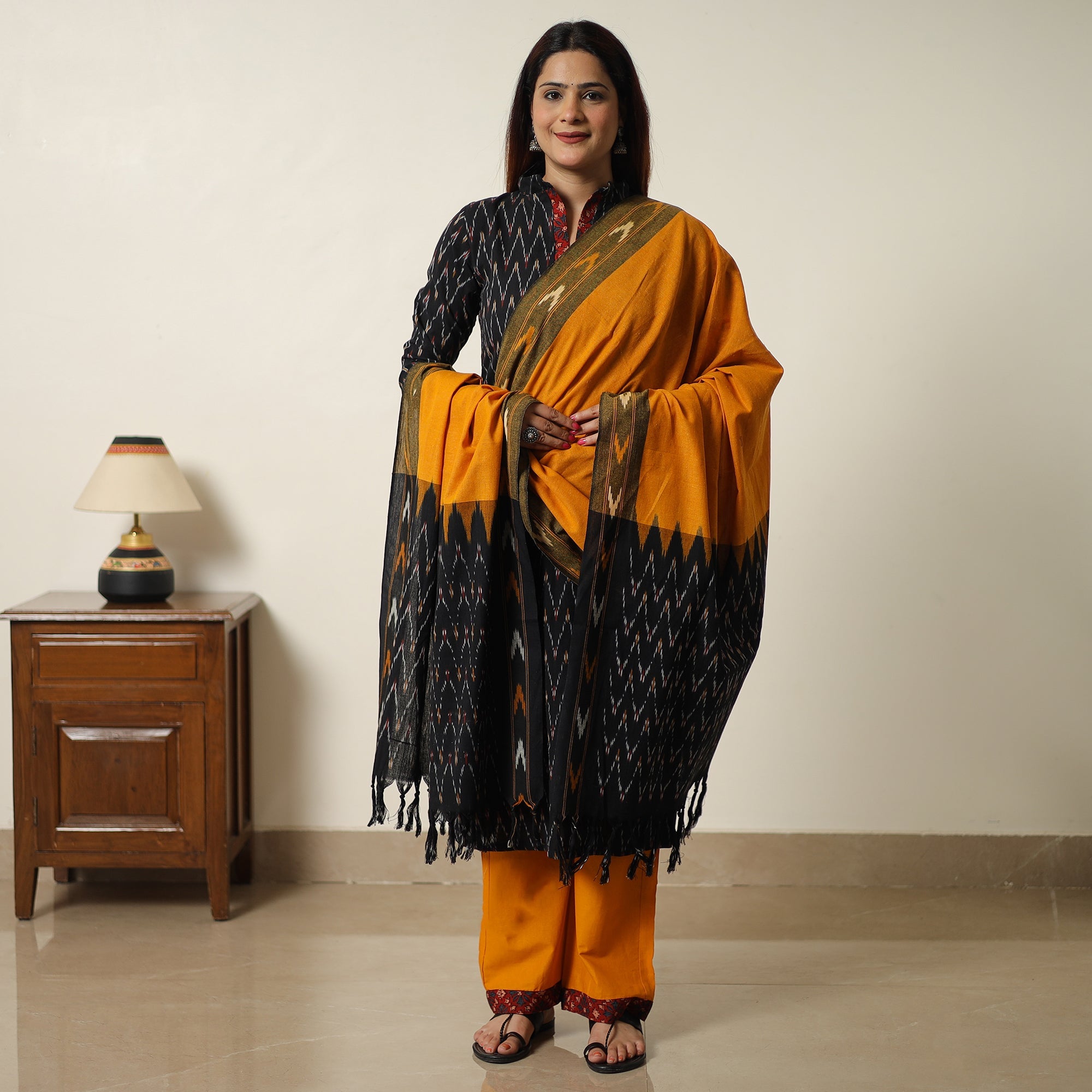 ITOKRI CASUALS Black - Pochampally Ikat Weave Cotton Kurta with Palazzo & Dupatta Set 07 - view 2