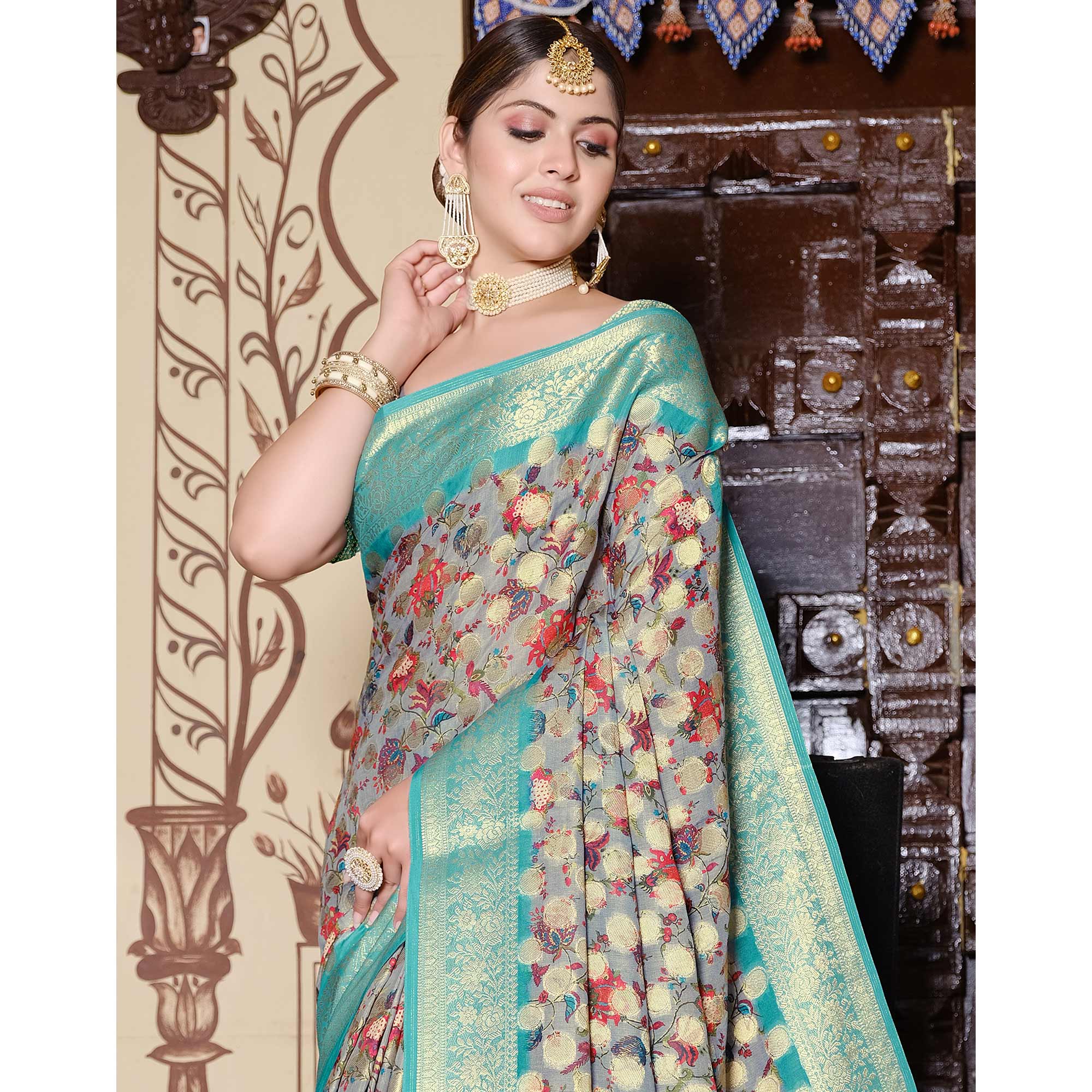 BlackTree grey-turquoise-floral-printed-pure-cotton-saree - view 8