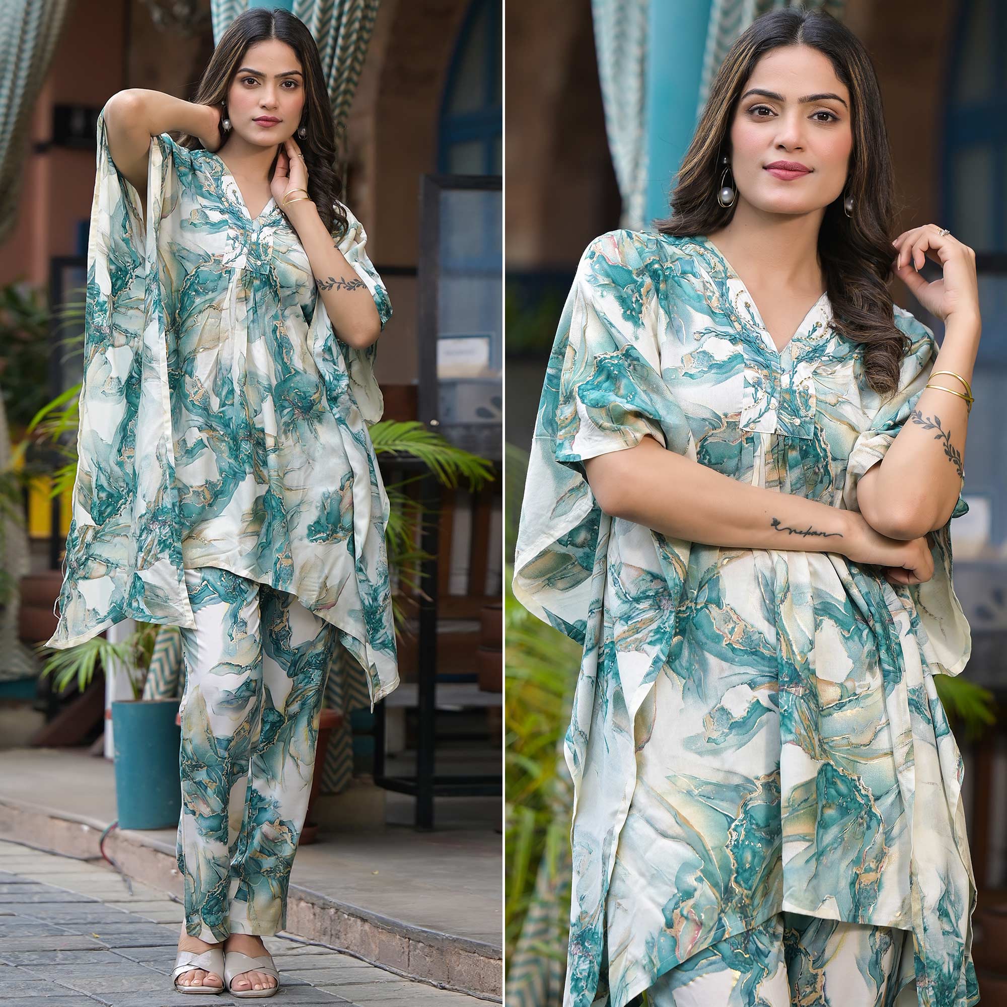 Green kaftans – BlackTree green-foil-printed-rayon-kaftan-co-ord-set