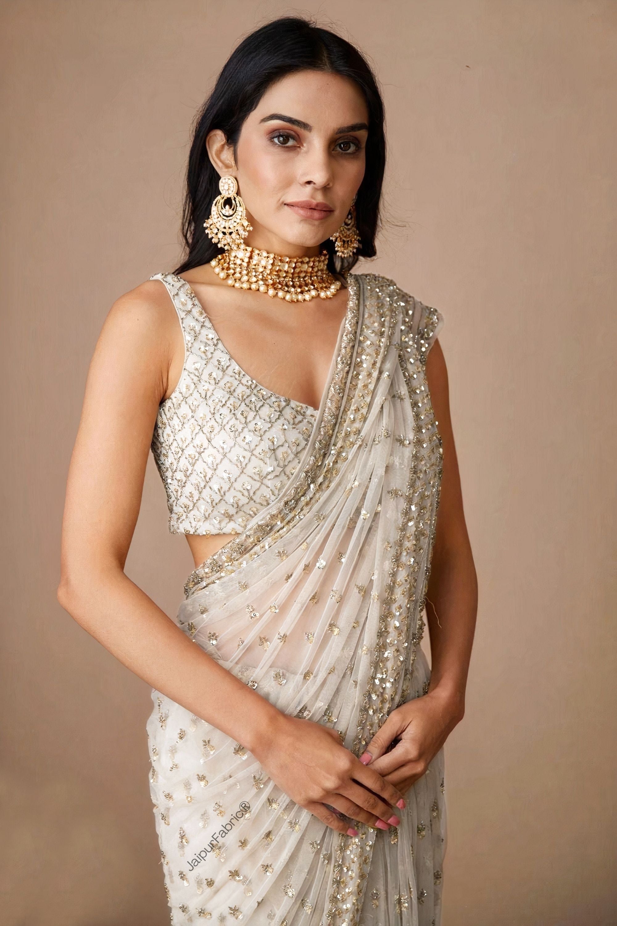 JaipurFabric® Hand Embroidered Net Saree in Off White