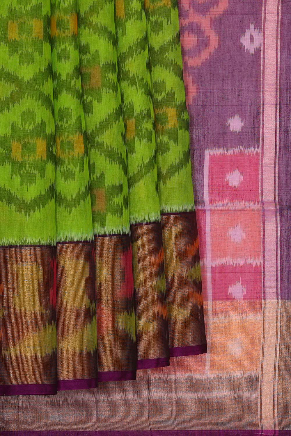 Kalanjali Ikat Silk Cotton Parrot Green Saree
